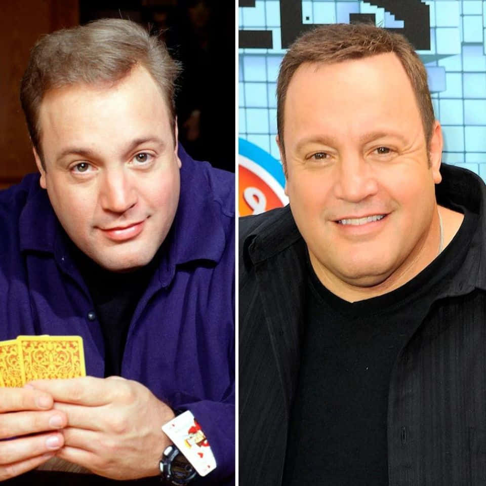 Kevin James 桌布 壁紙 — 演員占士·甘多菲尼的分割肖像，一張照片中手持裝飾性撲克牌，另一張穿著黑色襯衫微笑。