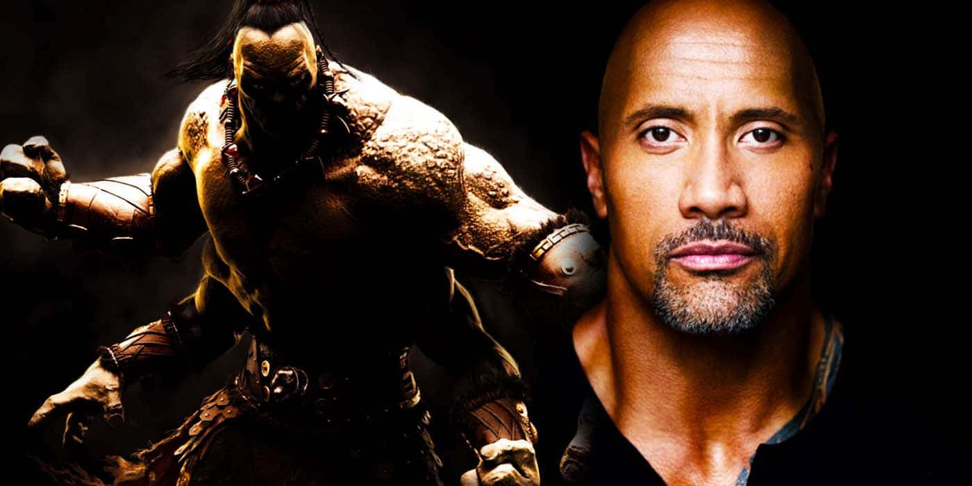 Mortal Kombat Goro 桌布 壁紙 — 演員狄維·莊遜站在他肌肉發達的戰士角色旁邊，在一個黑暗的電影宣傳照中。