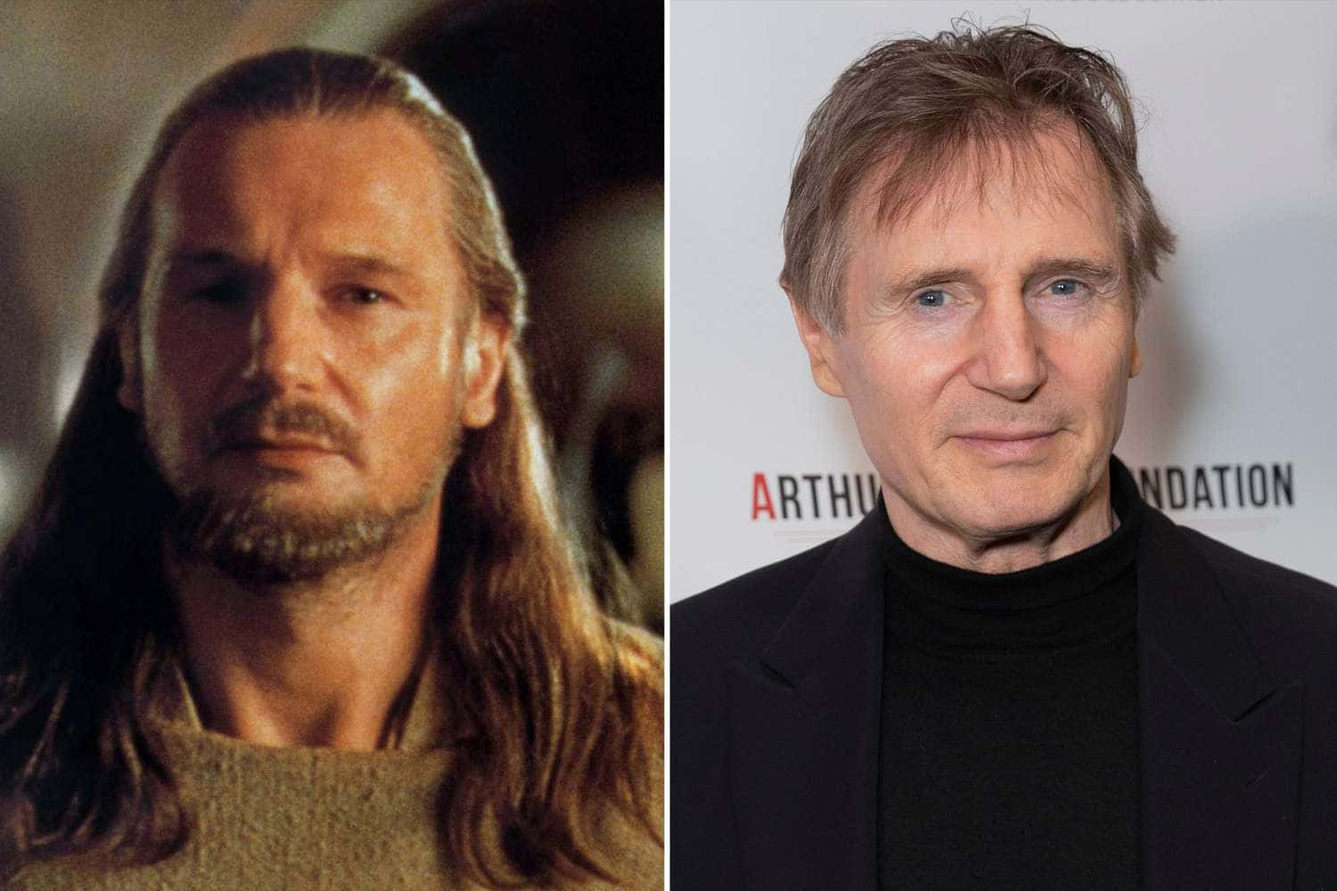 The Phantom Menace 桌布 壁紙 — 演員里安·尼遜在《魔戒》中飾演亞拉岡的肖像與他現代出席活動的肖像並排展示。