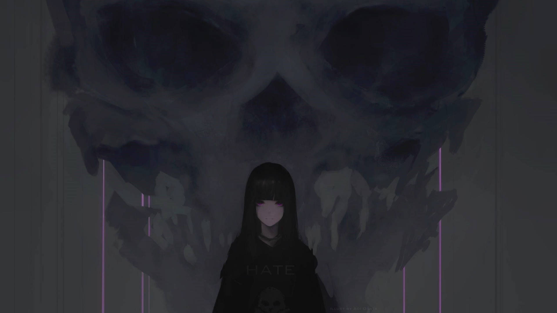 動漫女孩穿著黑色連帽衫，面對昏暗房間中發光的骷髏壁畫。