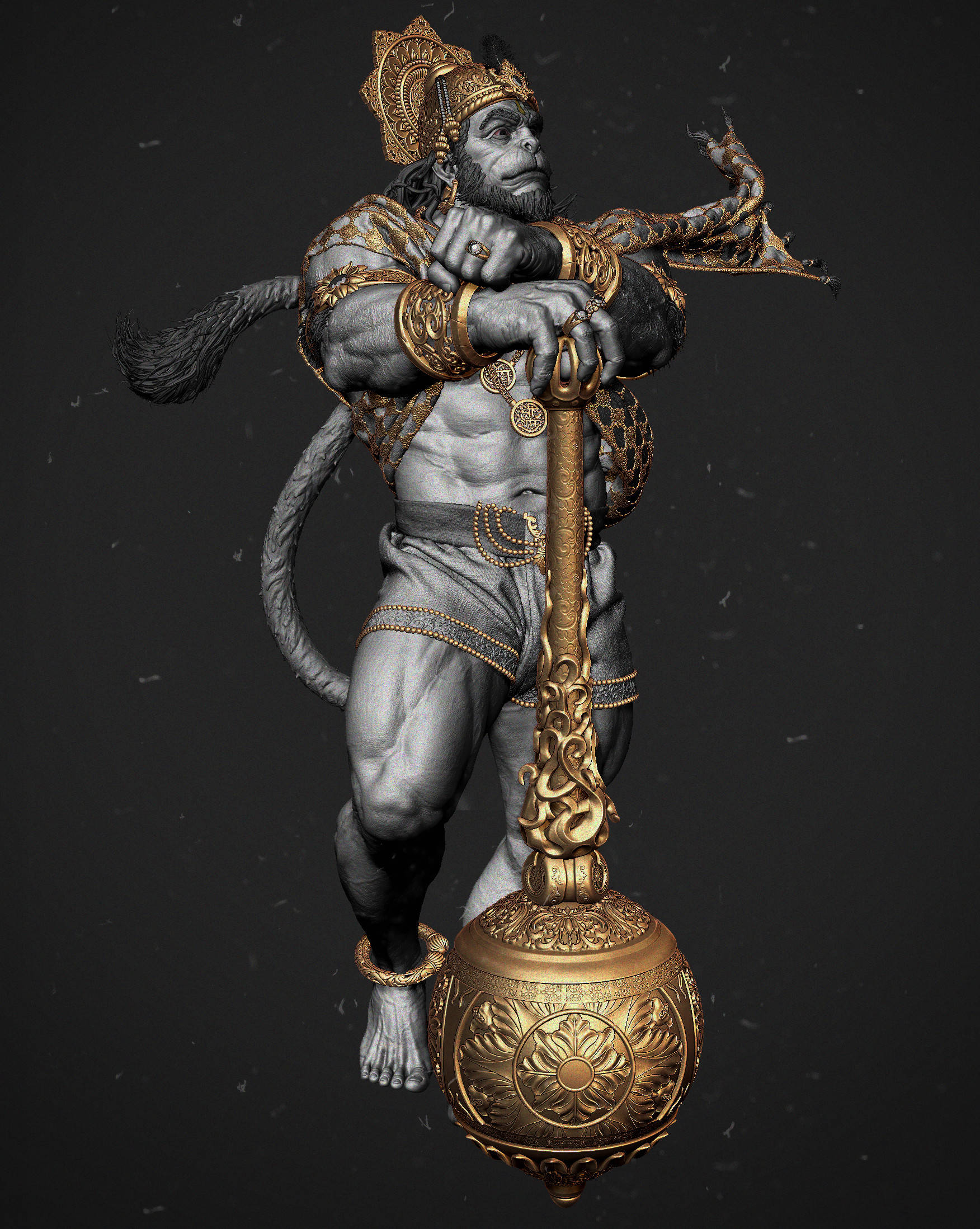 漢uman 3D銅錘 壁紙 — 一個肌肉發達的猴神，戴著金色王冠，手持華麗的狼牙棒，在黑暗背景下擺好姿勢。