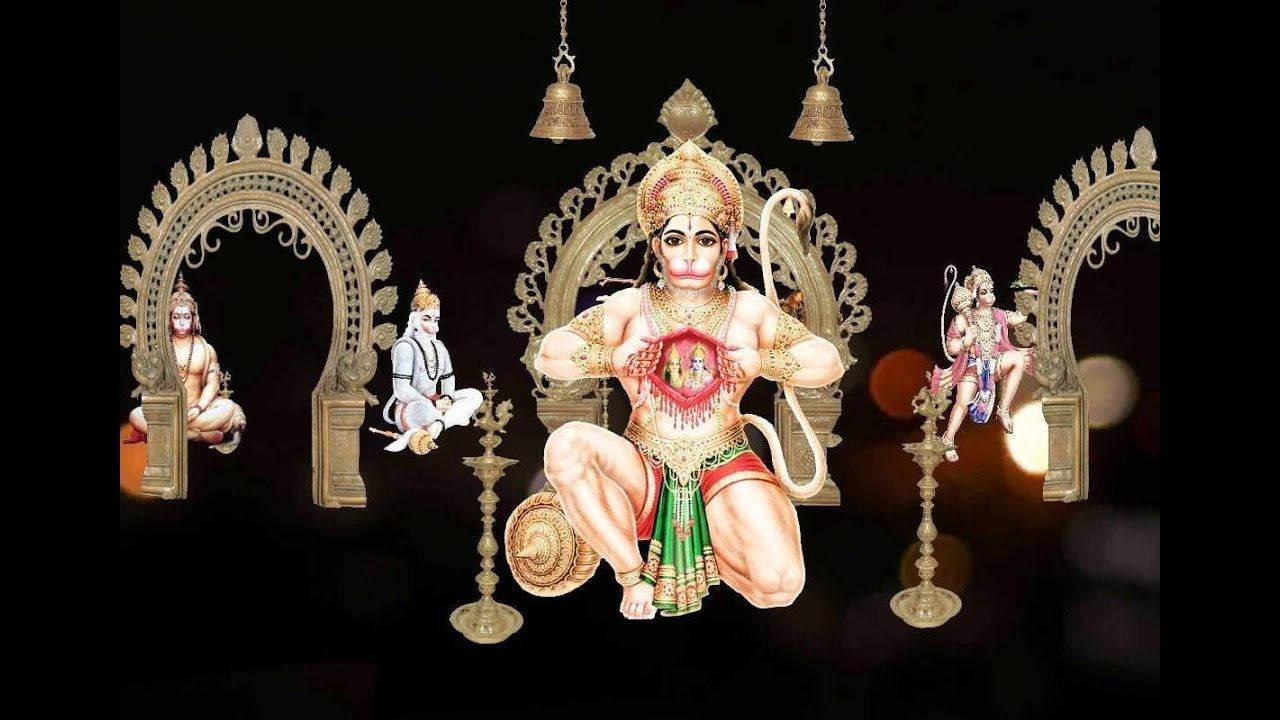 漢uman Ji 高清黑金配色 壁紙 — 一位具有猴子特徵的神聖印度教神祇坐在華麗的金色拱門中央，兩側有人物和懸掛的鈴鐺，背景黑暗。