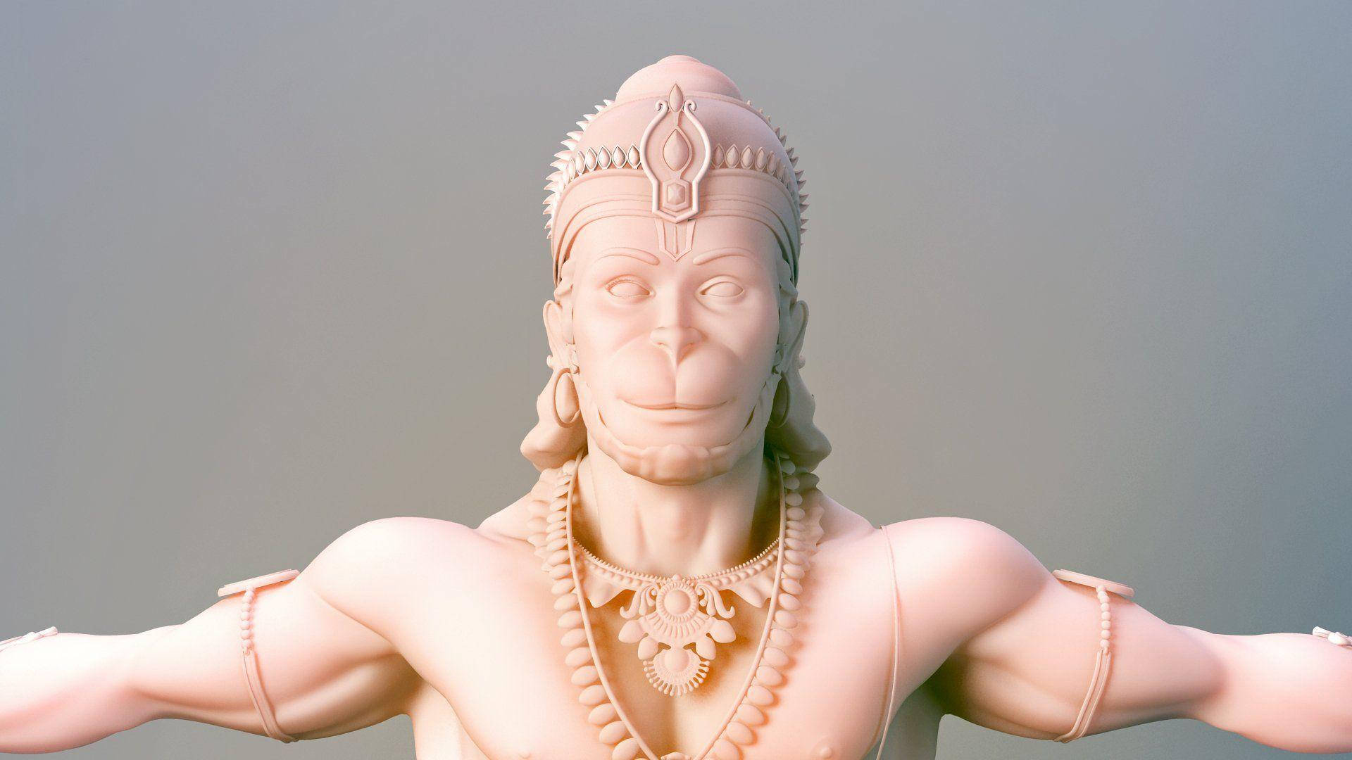 漢uman神3D無色渲染高清圖 壁紙 — 一個寧靜的粉紅色3D渲染哈努曼雕像，雙臂伸展，背景是柔和的灰色。
