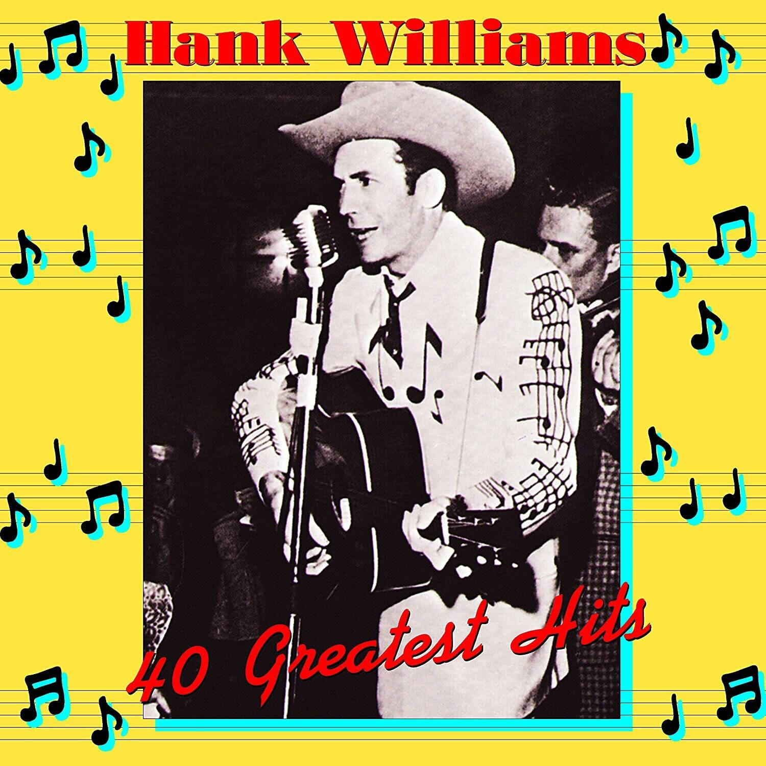 Hank Williams 在黃色音符背景上對著咪高峰唱歌，同時彈奏結他。