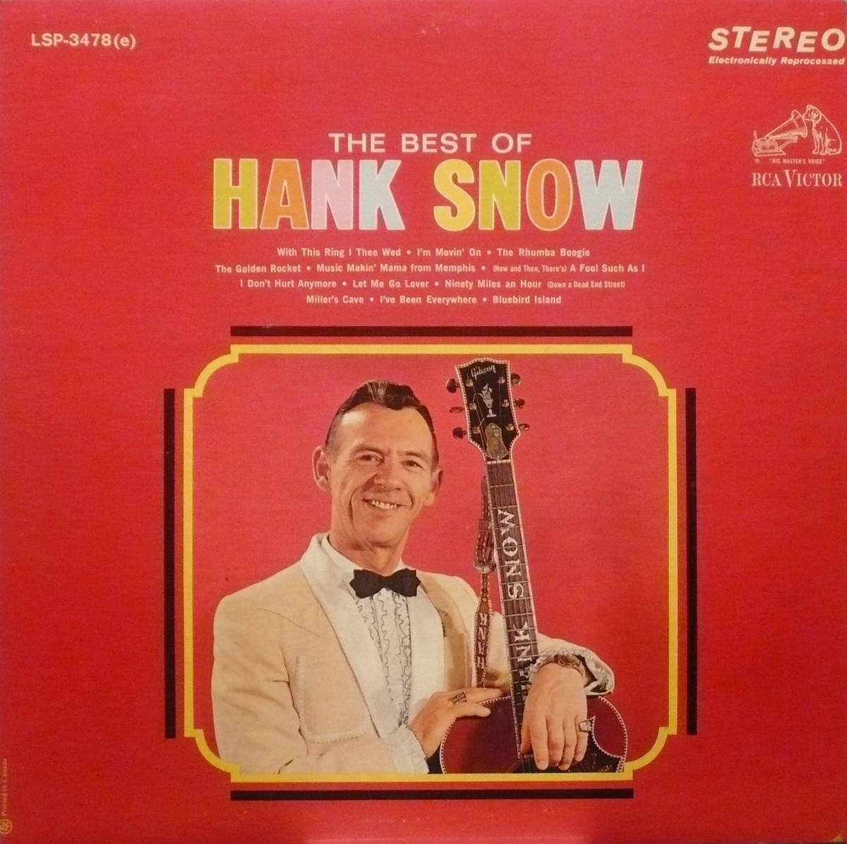 漢克·斯諾《The Best Of》專輯海報 壁紙 — 微笑的Hank Snow身穿米色西裝和領結，在帶有金色邊框和歌曲名稱的醒目紅色專輯封面上拿著結他。