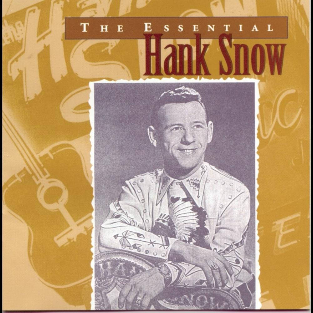 漢克·斯諾《The Essential》專輯封面 壁紙 — 一張復古專輯封面，Hank Snow 穿著裝飾襯衫，在金色背景上微笑，並帶有結他剪影。