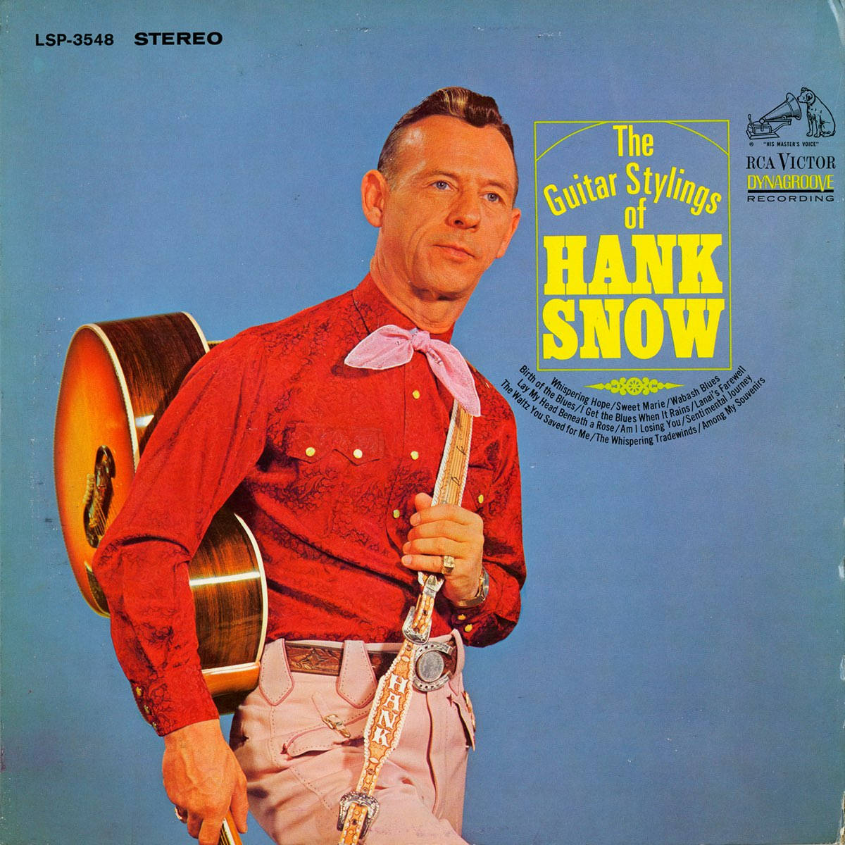 漢克·斯諾吉他造型 壁紙 — Hank Snow 身穿紅色襯衫和粉紅色領結，在復古專輯封面上，在純藍色背景前拿著結他。