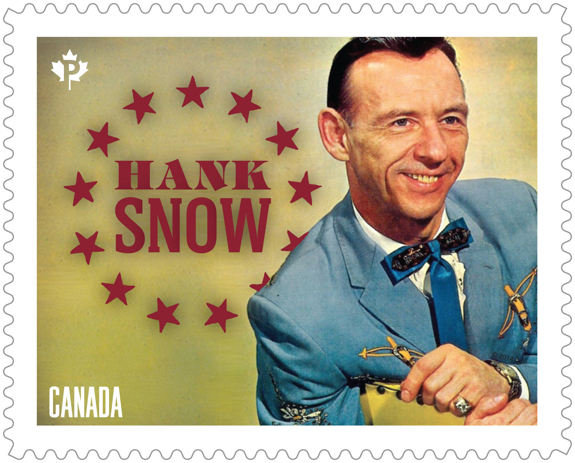 漢克·斯諾紀念郵票 壁紙 — 復古加拿大郵票，Hank Snow 身穿藍色西裝微笑，帶有紅色星星和文字。