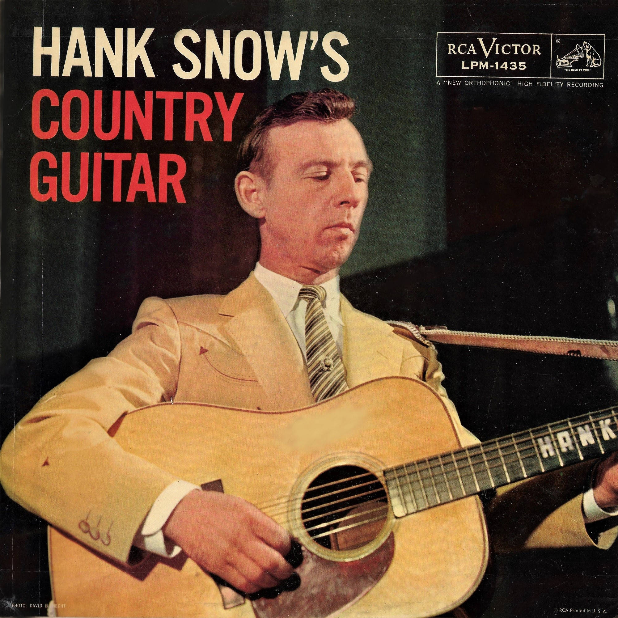 漢克·斯諾鄉村吉他 壁紙 — Hank Snow 身穿棕褐色西裝，在復古 RCA Victor 專輯封面上彈奏原聲結他，配以大膽的紅色和奶油色字體。