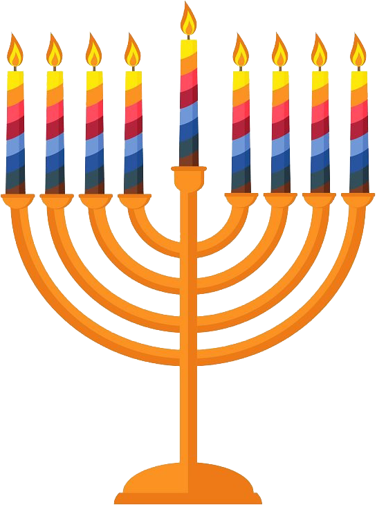 漢克節九枝燈台點燃蠟燭 壁紙 — 一個充滿活力的橙色 menorah，九支彩色條紋蠟燭在黑色背景前全部點燃。
