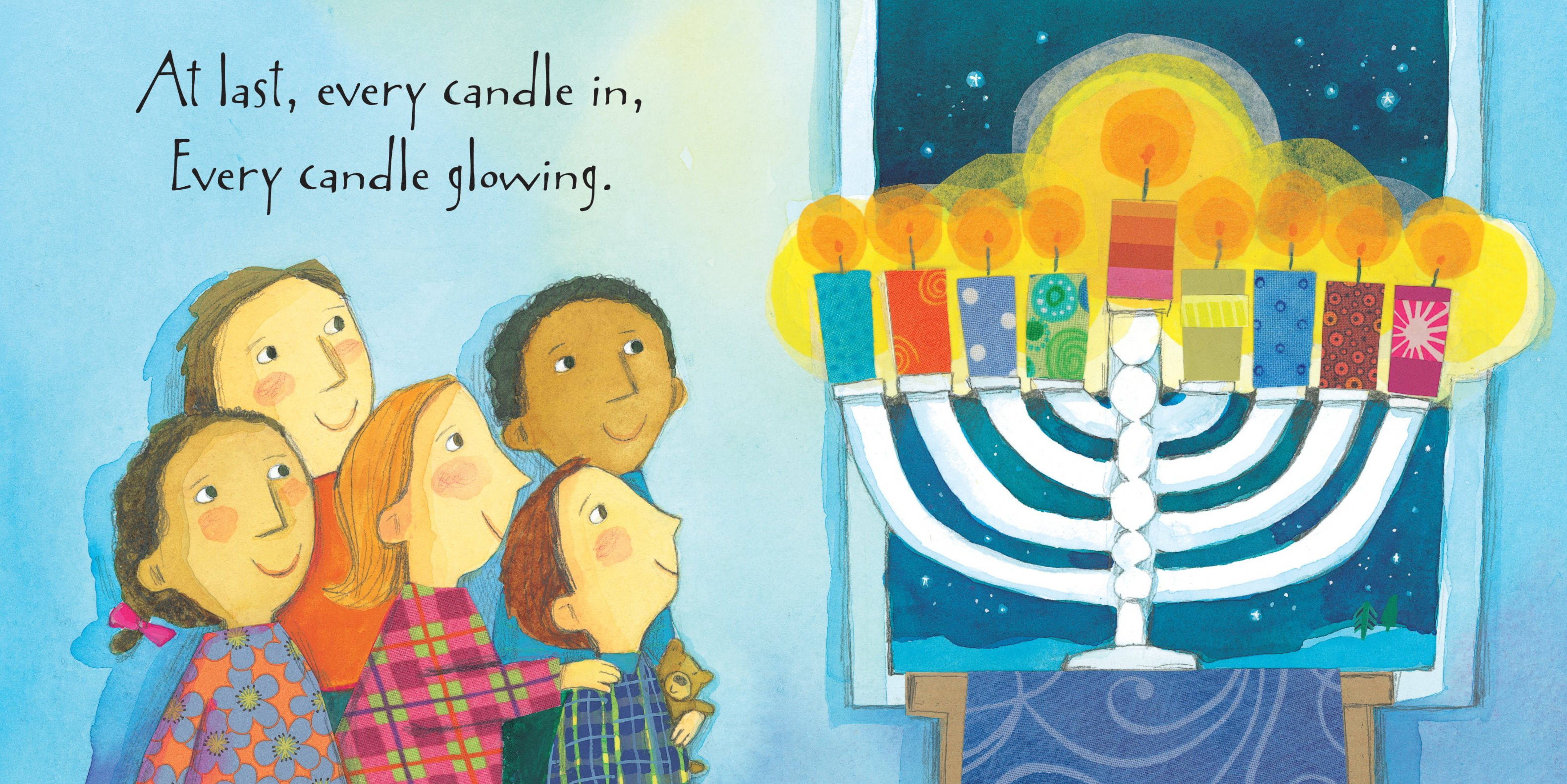 漢克節燭台兒童藝術 壁紙 — 一家人驚嘆地凝視著一個明亮燭光的 menorah，九根蠟燭在星空下閃耀。