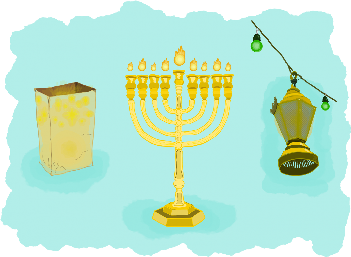漢克節燭台與陀螺插畫 壁紙 — 一個金色的燭台（Menorah）上點燃著蠟燭，旁邊有一個紙袋和一個掛著的燈籠，背景是淺藍色。