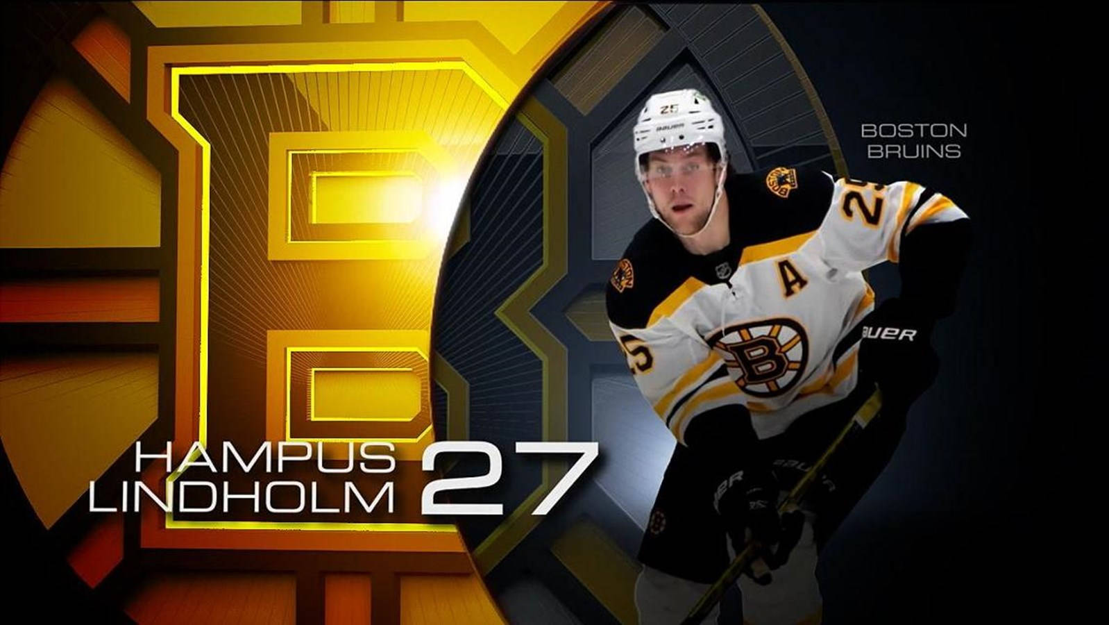 Hampus Lindholm 27號身穿波士頓棕熊隊曲棍球裝備，與球隊標誌一起擺姿勢。