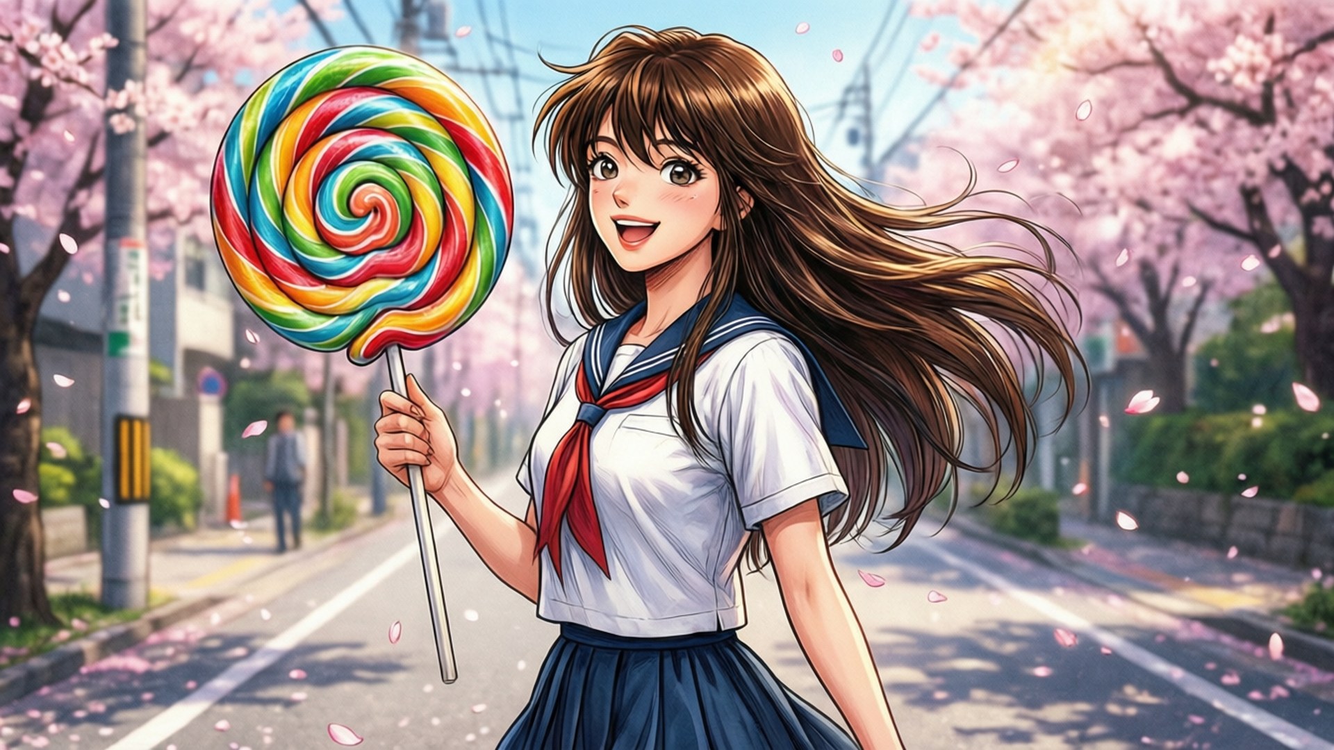 動畫女學生穿著校服在櫻花下拿著巨大的彩虹棒棒糖。