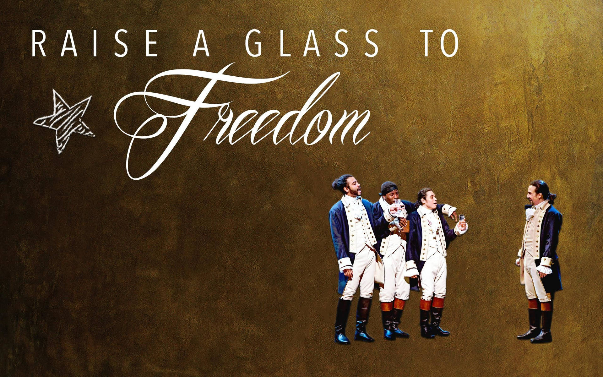 四名穿著殖民制服的男人在金色紋理舞台上舉杯祝酒，並有「Raise a Glass to Freedom」文字。