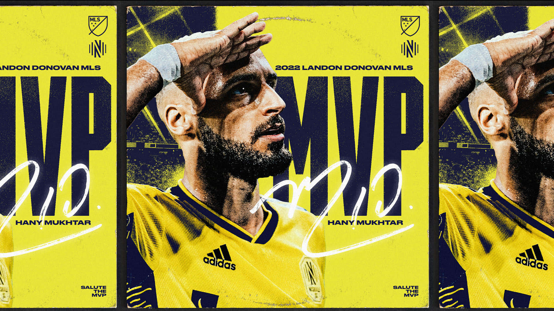 漢尼·穆克塔爾 2022 拉頓·唐納文 MLS 最具價值球員 壁紙 — 一個大膽的圖形，以特寫肖像在鮮黃色背景上慶祝 Hany Mukhtar 成為 2022 年 MLS MVP。