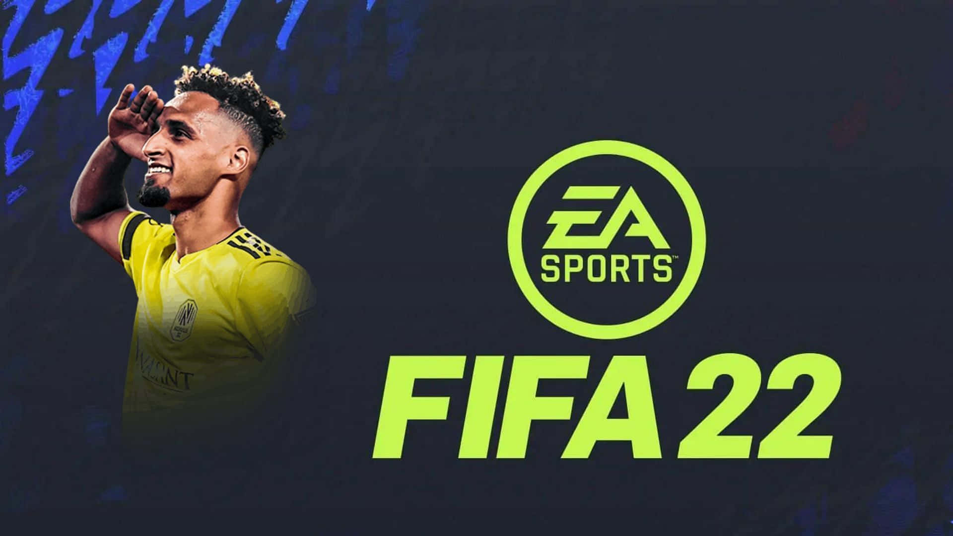 漢尼·穆克塔爾 FIFA 22 電競遊戲敬禮姿勢 壁紙 — 一名身穿黃色球衣的足球運動員在深藍色背景上向發光的綠色EA Sports和FIFA 22標誌敬禮。