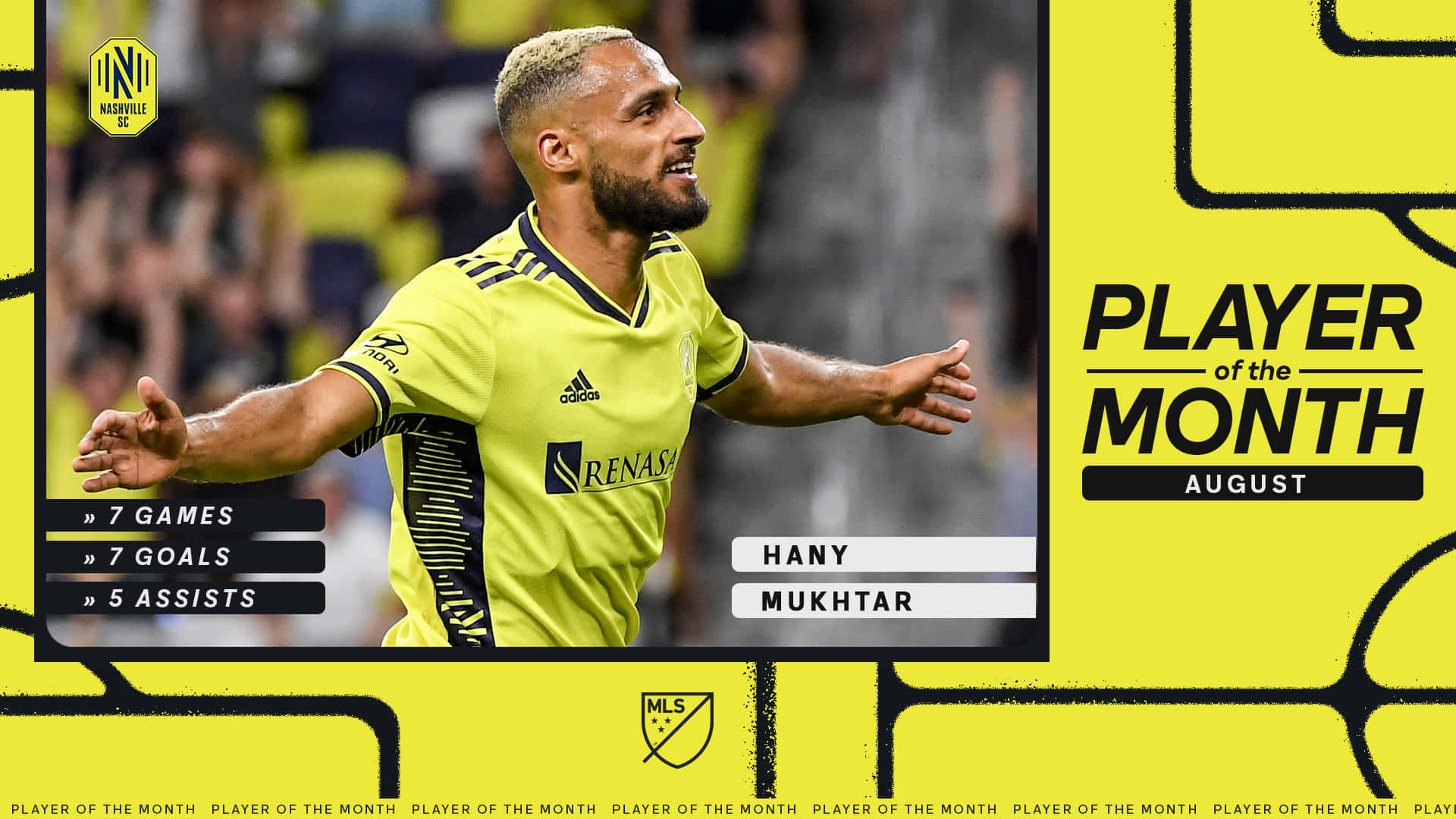 漢尼·穆克塔爾 MLS 月度最佳球員 壁紙 — 一名身穿亮黃色球衣的足球運動員在充滿活力的黃色圖形背景前張開雙臂慶祝。