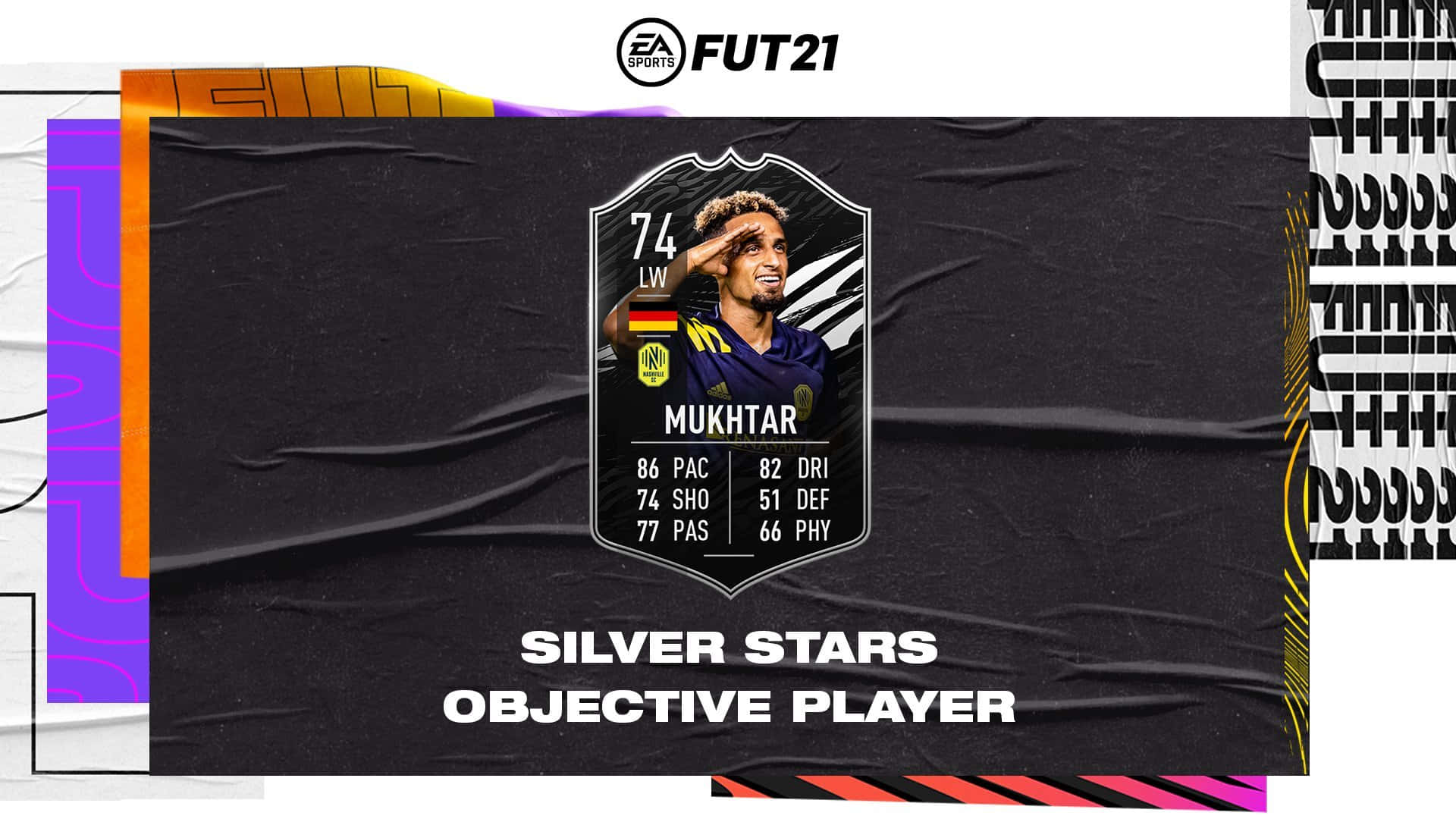 漢尼·穆克塔爾FIFA 21手機遊戲橫幅 壁紙 — EA Sports FUT21 中 Mukhtar 的數位足球員卡，帶有統計數據和銀星品牌標誌，背景為紋理黑色。