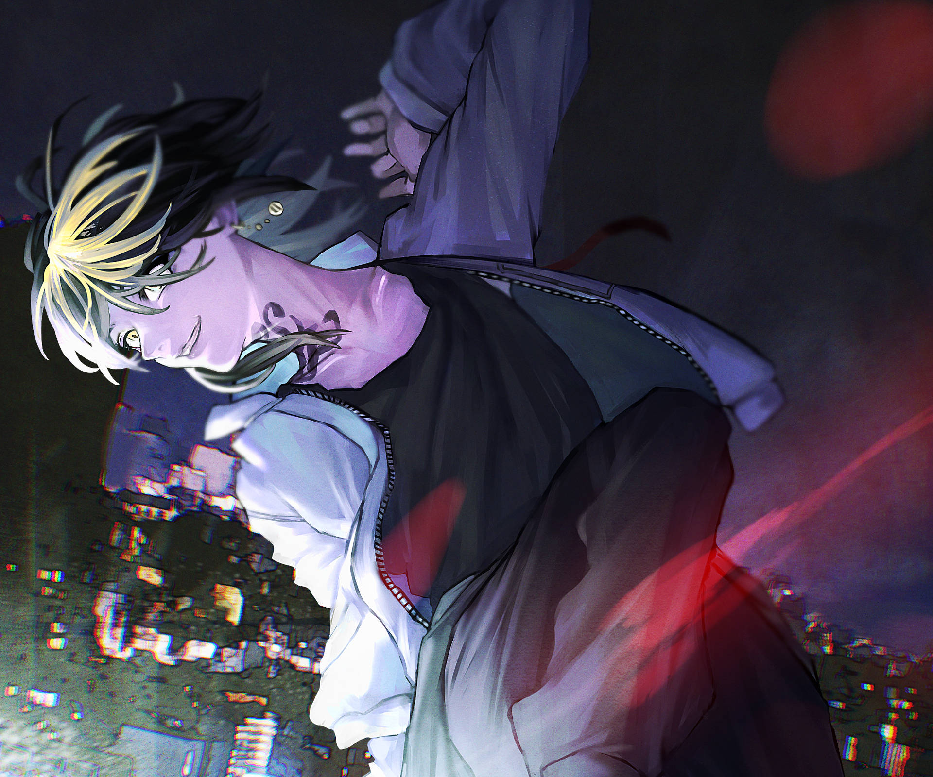 金髮動漫角色在夜晚靠向發光的城市。
