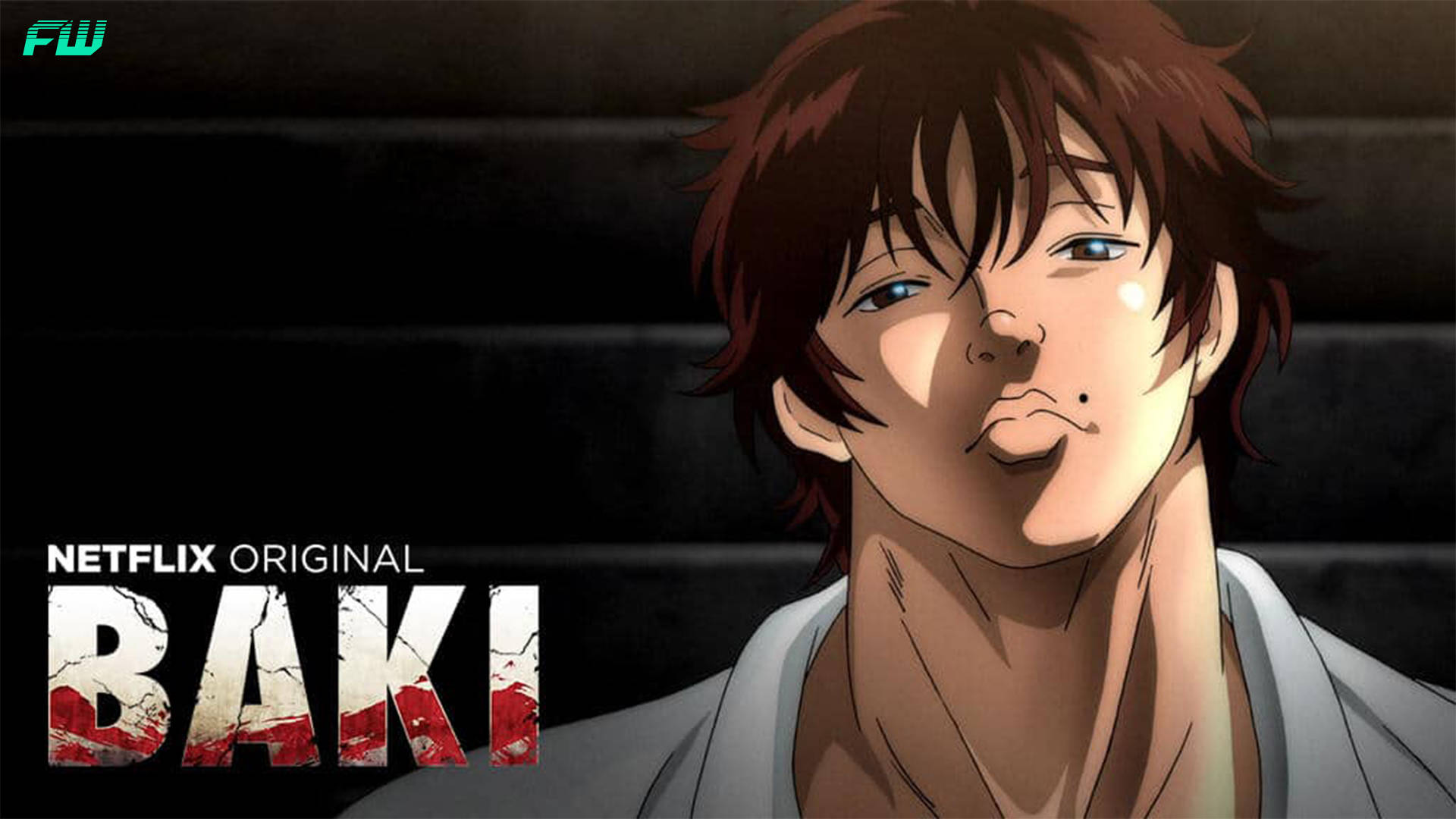 漢馬巴基Netflix海報 壁紙 — 一位堅定的動漫戰士，棕色頭髮和藍色眼睛，在黑暗背景上帶有'BAKI'文字，凝視著。