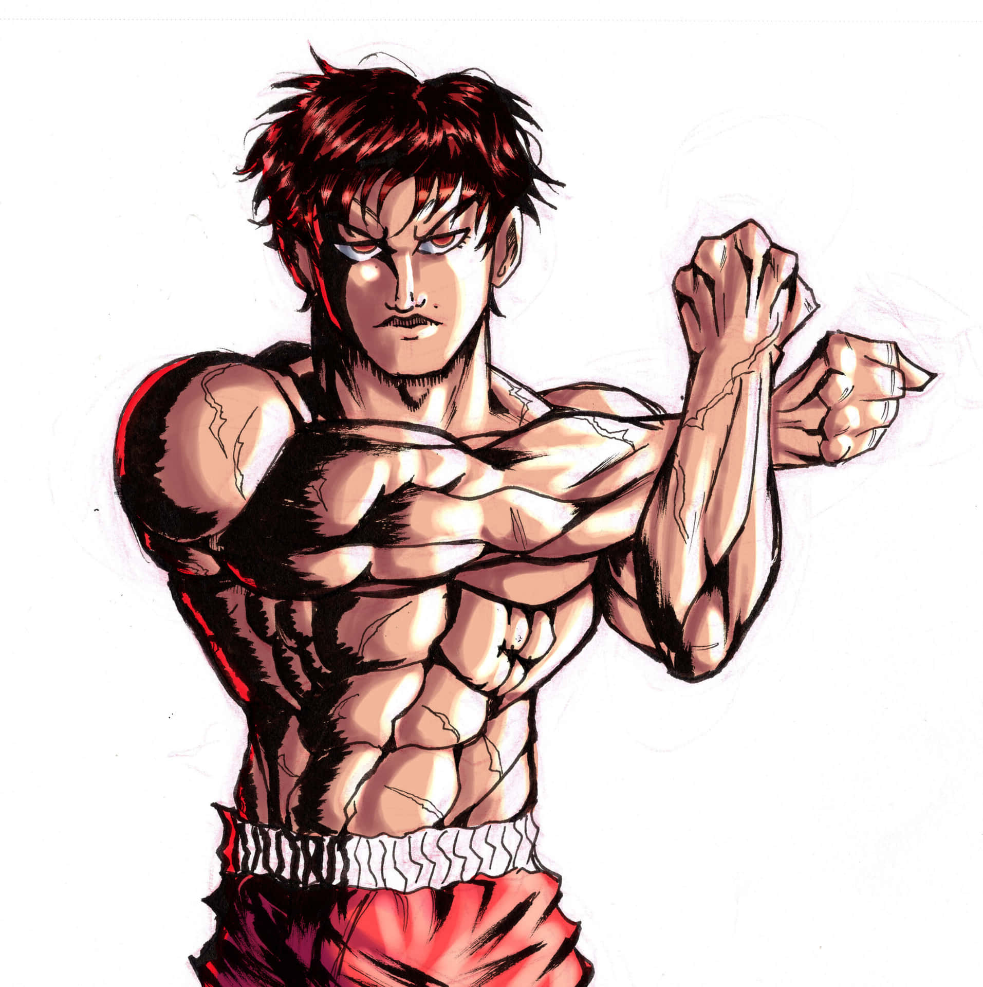 動漫男性戰士，身穿紅色短褲，肌肉線條分明，表情兇猛。