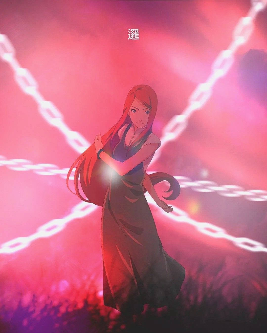 漩渦 Kushina 壁紙 — 一個紅髮動漫女孩穿著深色裙子，站在發光的白色鎖鏈中，背景是充滿活力的粉紅色和紫色。