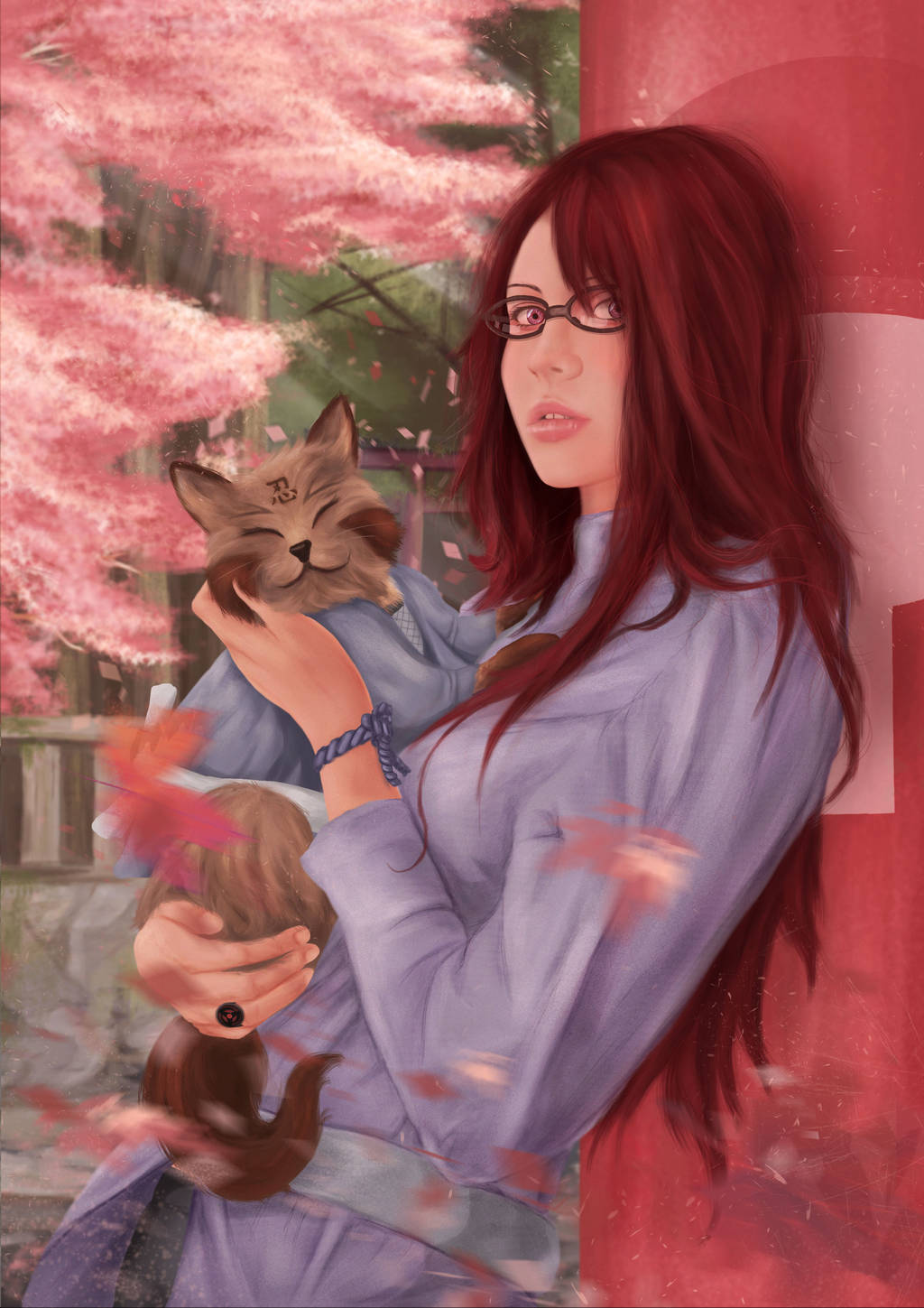漩渦一族：鳴人與卡琳 壁紙 — 一位紅髮動漫女孩穿著紫色長袍，在盛開的粉紅色櫻花樹下輕輕抱著一隻睡著的貓。