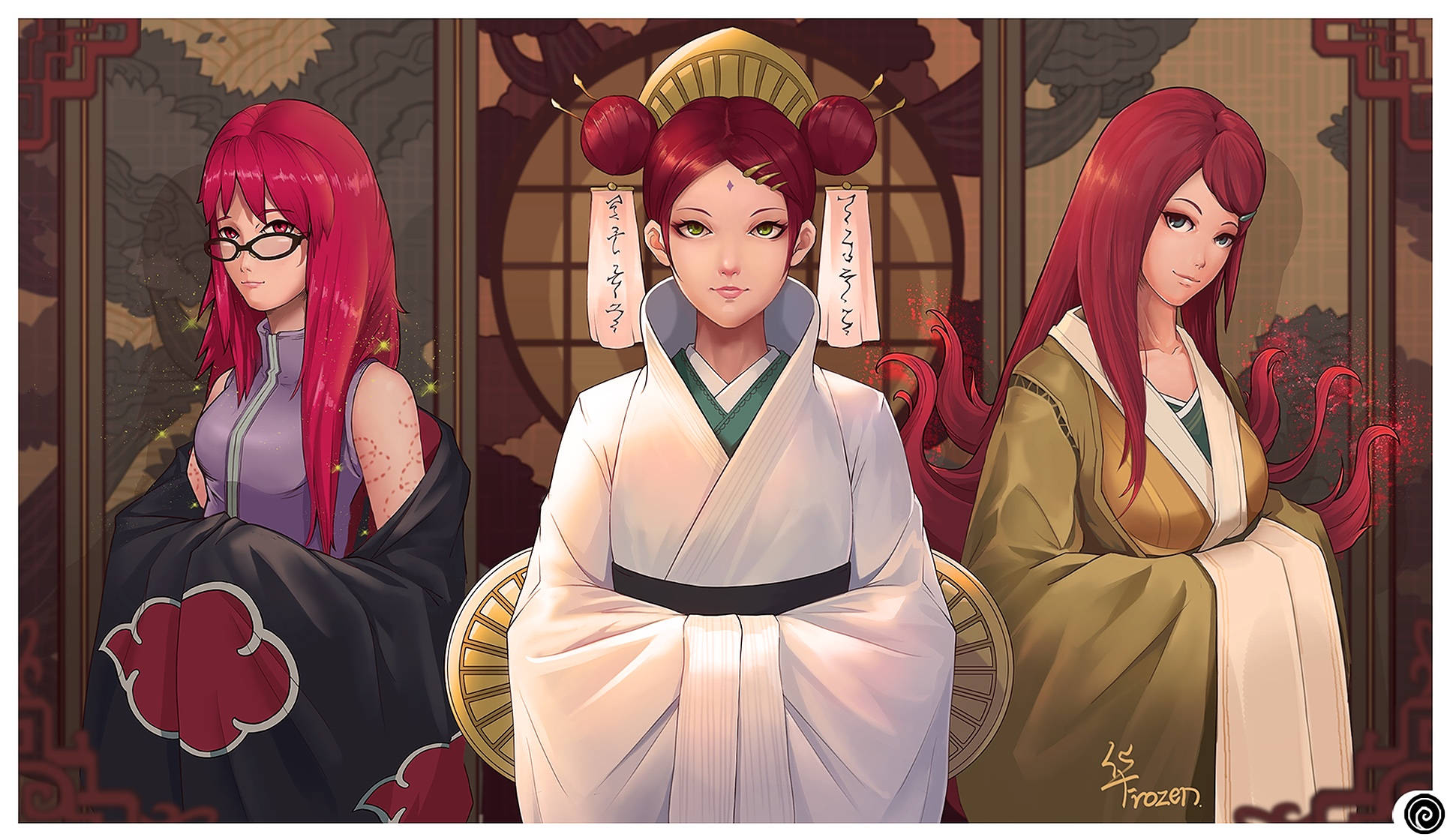 漩渦一族女性身著傳統服飾 壁紙 — 三位紅髮動漫女性穿著傳統日本服飾，端莊地坐在華麗的木製屏風前。