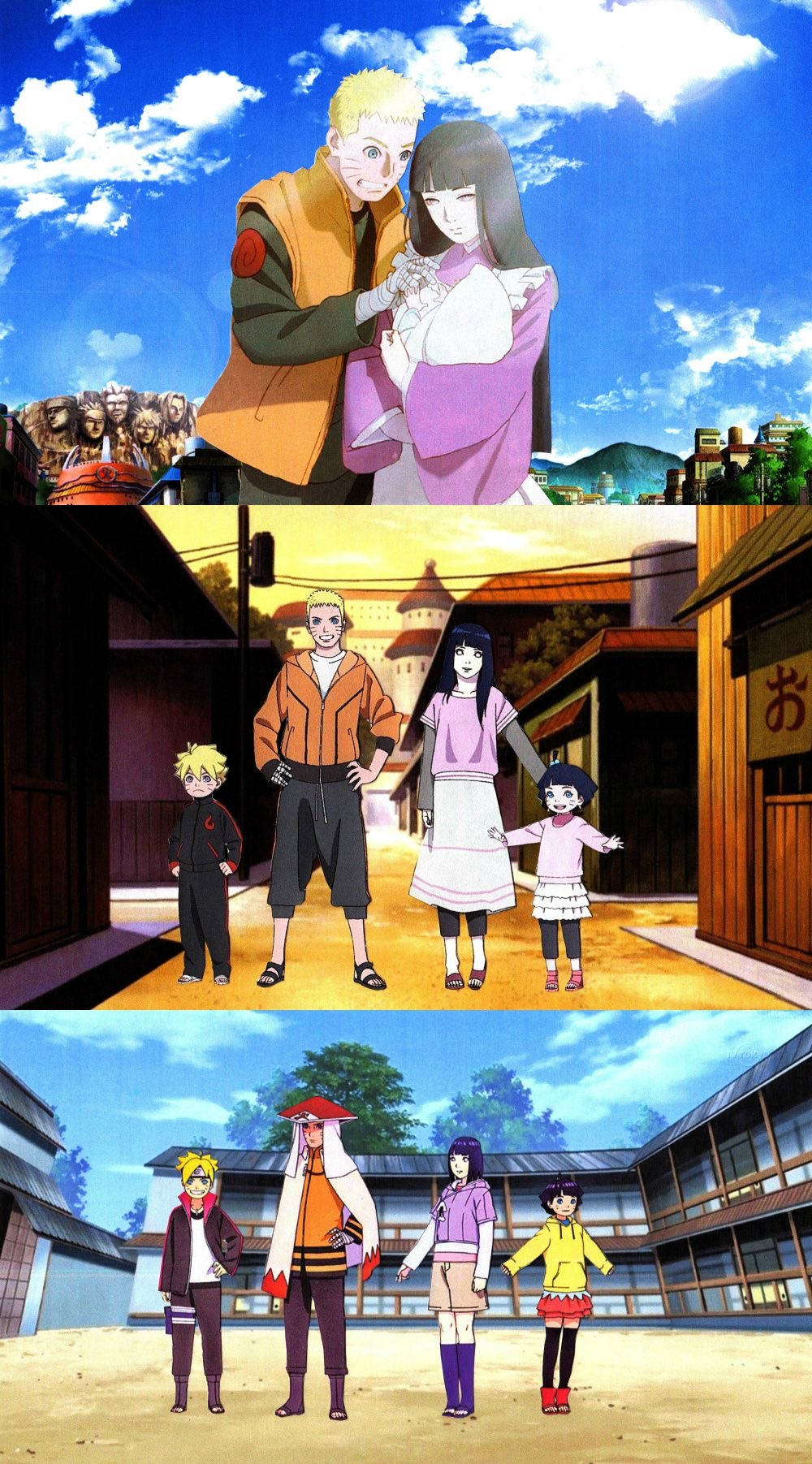 漩渦一族家庭拼貼 壁紙 — 日本村莊中的動畫家庭場景，明亮的藍天和傳統建築。