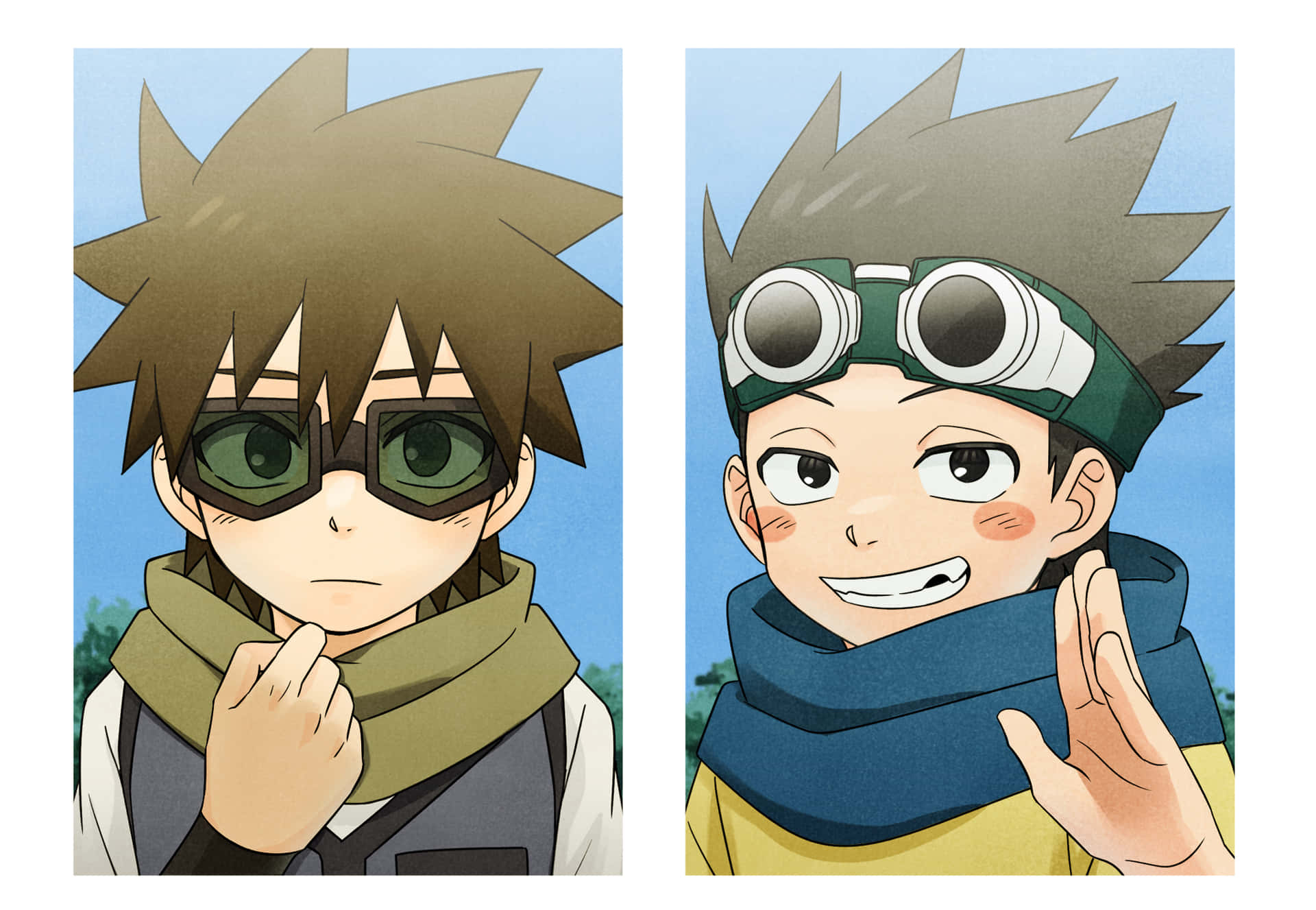 兩個動漫男孩，一個戴護目鏡表情嚴肅，另一個開心地揮手