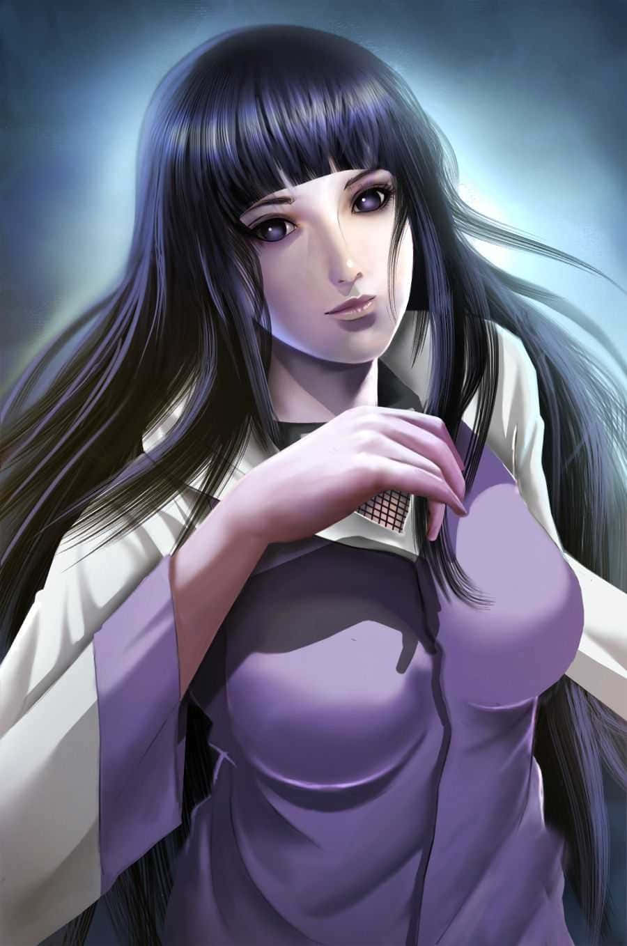 長長黑髮和紫色眼睛的動漫女孩，將一個小物體靠近胸前。