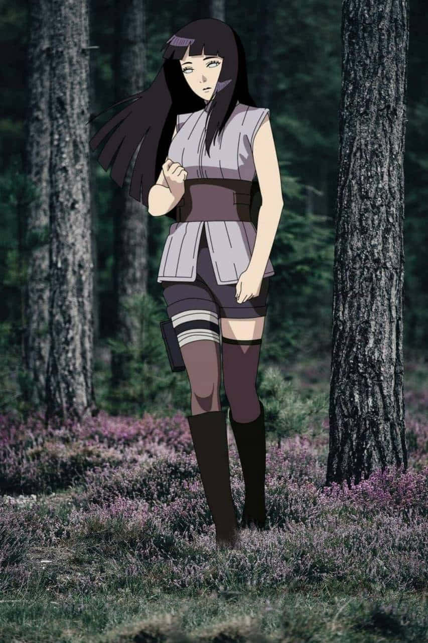 漩渦日向雛田森林獨行 壁紙 — 一位長著深色長髮的年輕動漫女孩站在一個有紫色花朵和高大樹木的森林中。