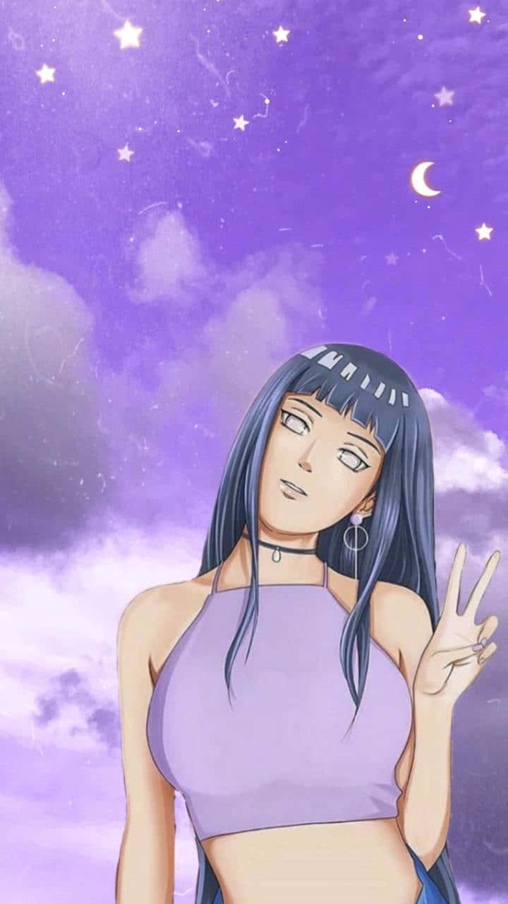 漩渦日向雛田比讚手勢 壁紙 — 黑髮紫短上衣的動漫女孩在星空紫月牙下擺姿勢。