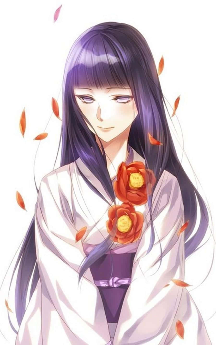 漩渦日向雛田紅花和服 壁紙 — 一位寧靜的動漫女孩，紫色長髮，身穿飾有紅花的白色和服，秋葉在她周圍飄落。