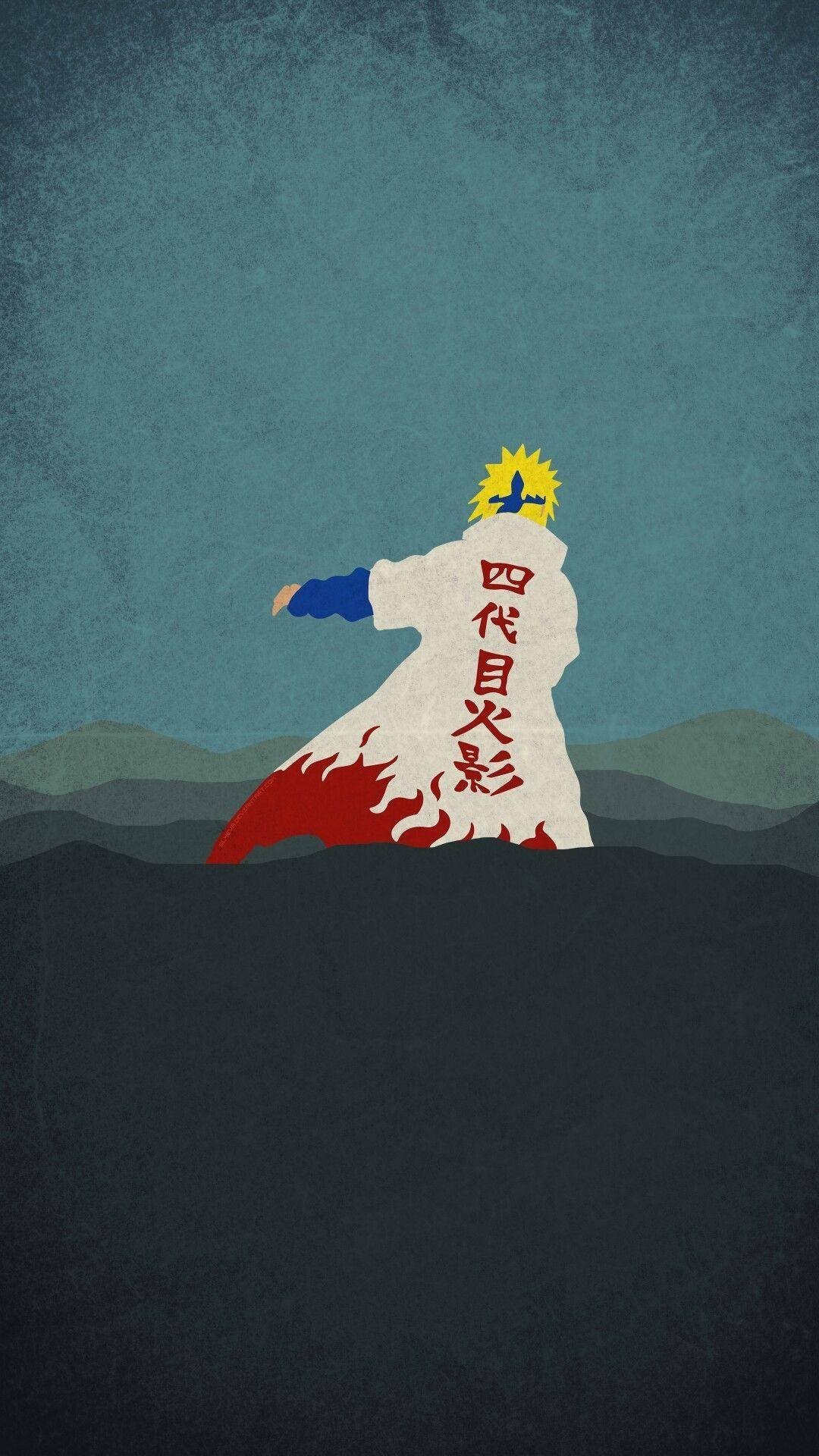 金髮、白色斗篷上有紅色漢字的動漫忍者站在山丘上。
