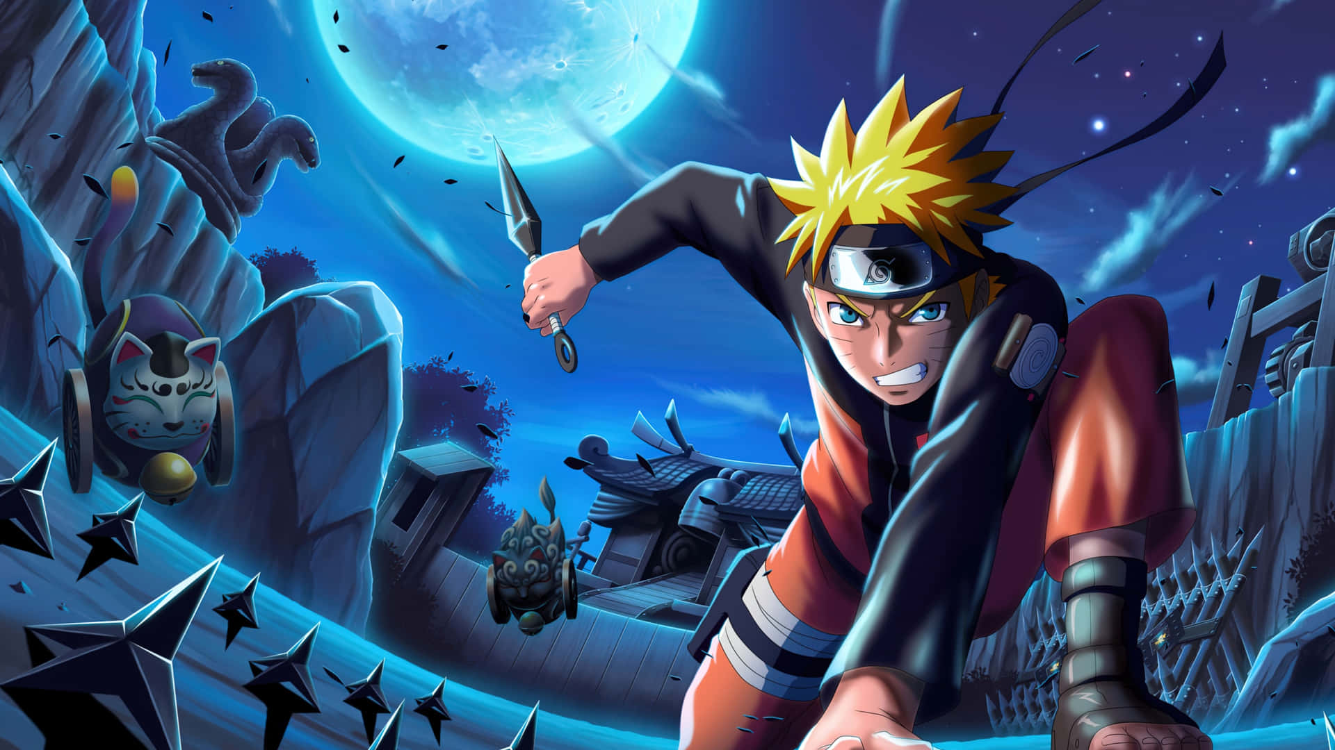 Naruto 在藍色月亮下以忍者姿態手持飛舞的手裏劍。