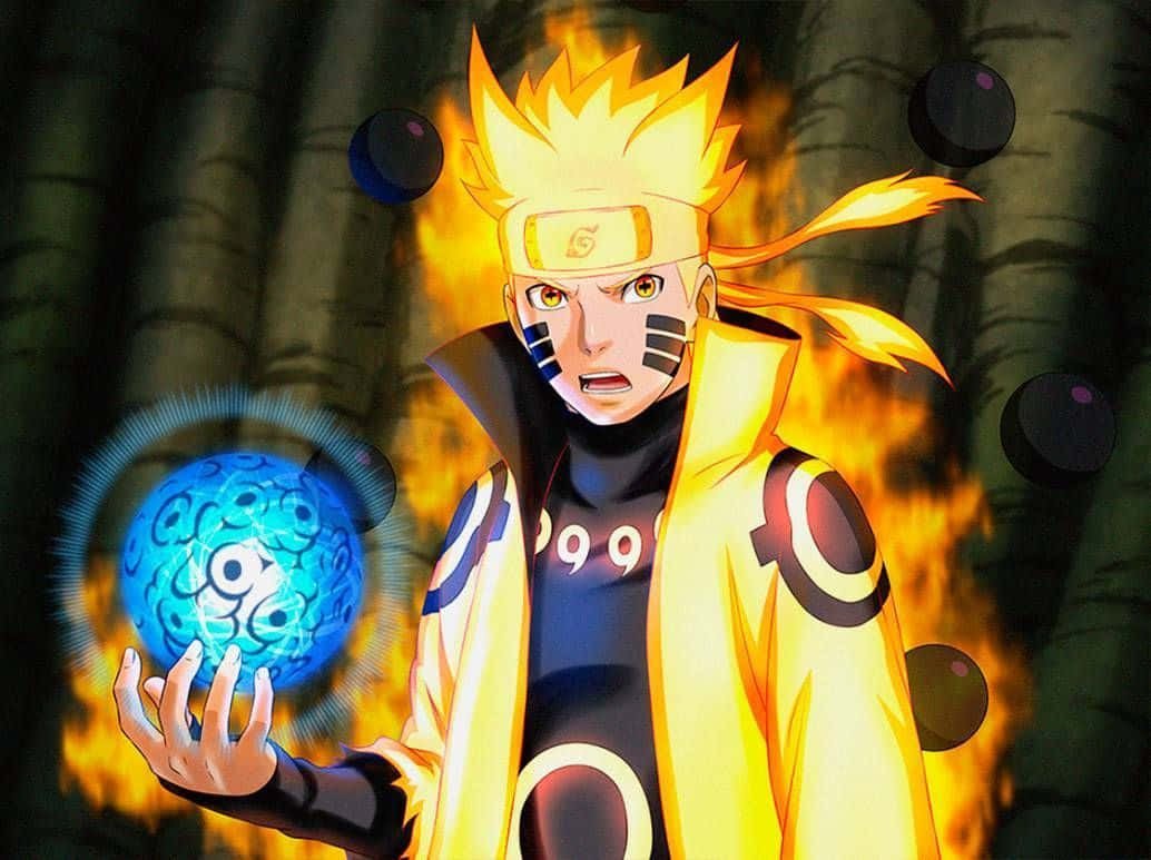 Sage Of Six Paths 桌布 壁紙 — 漩渦鳴人在九尾查克拉模式下，揮舞著被黑色球體包圍的藍色發光螺旋丸，背景是熾熱的森林。