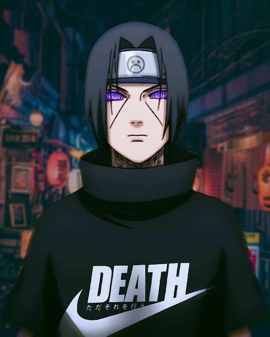 動漫忍者穿著印有'death'字樣的黑色連帽衫，在霓虹燈照亮的城市小巷中。
