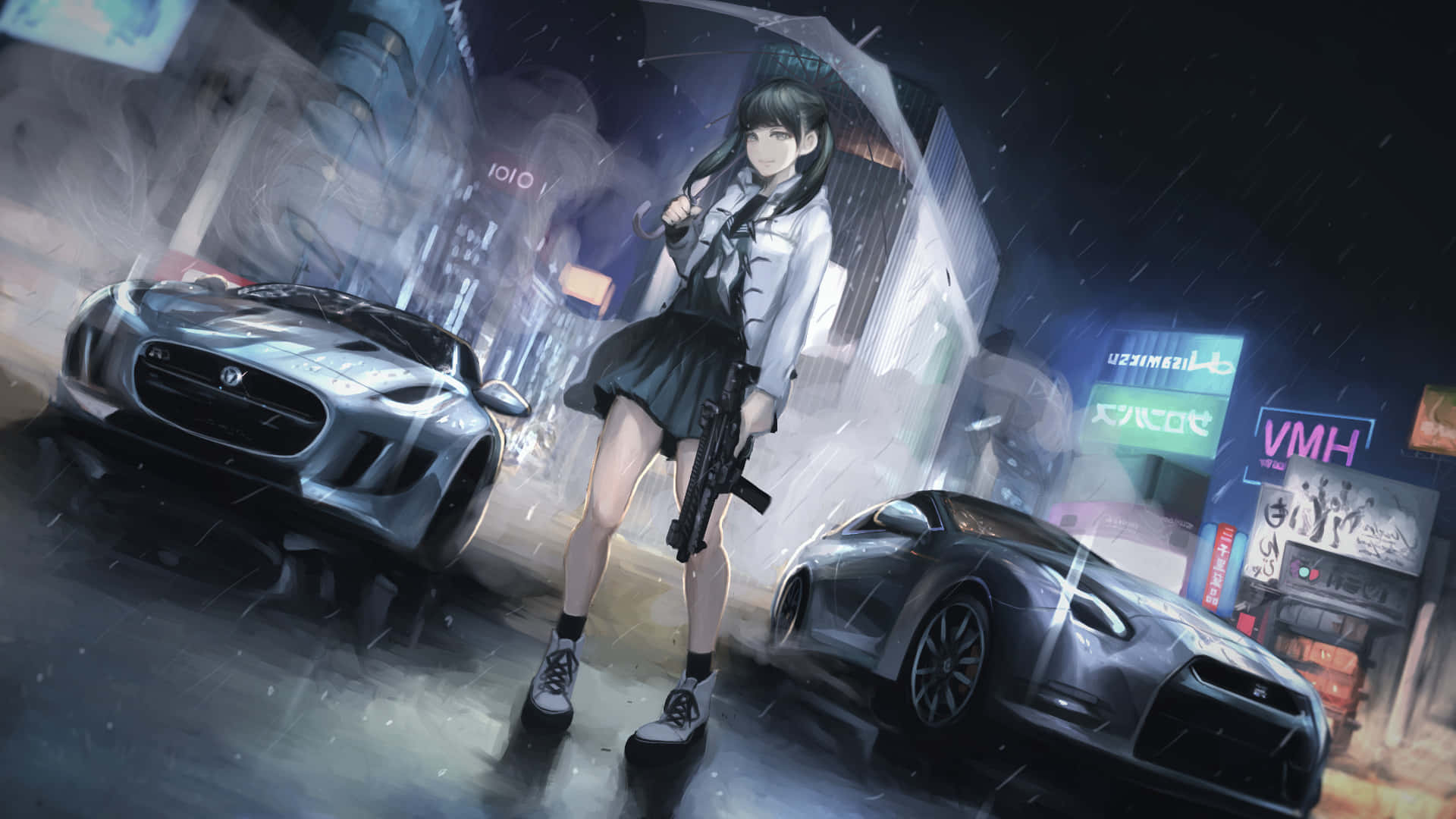 動漫女孩拿著雨傘和步槍，站在兩輛跑車之間，在雨中的霓虹城市。
