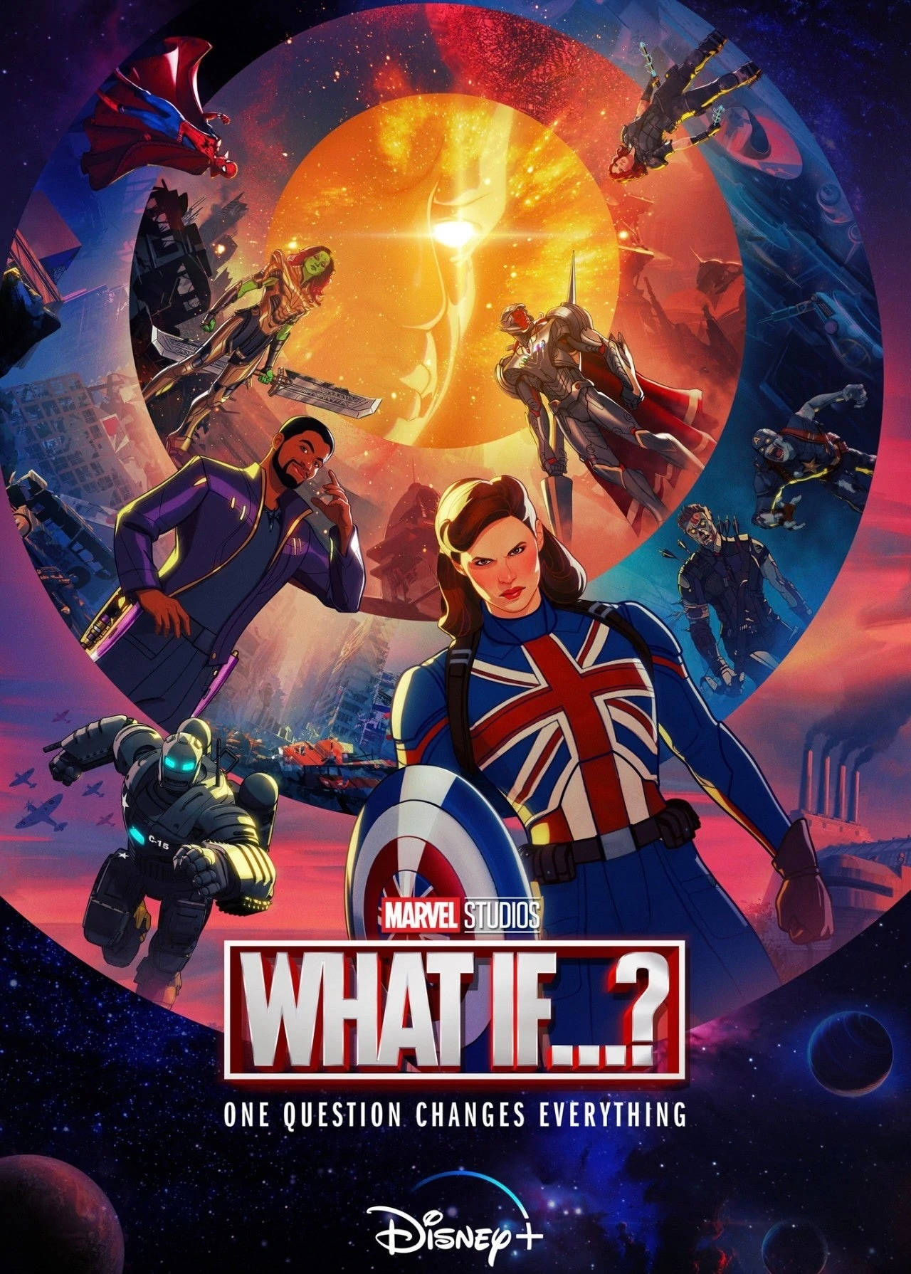 英國隊長和其他來自不同宇宙的英雄在宇宙戰鬥場景中。