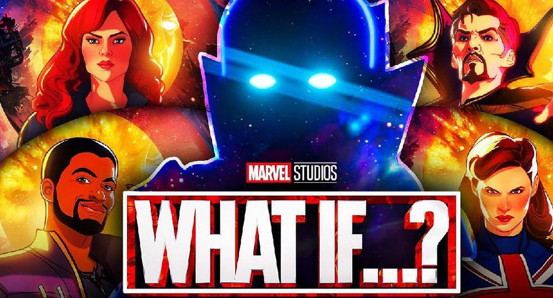 Marvel What If...? 標題卡，以大膽漫畫藝術風格呈現多樣超級英雄角色。