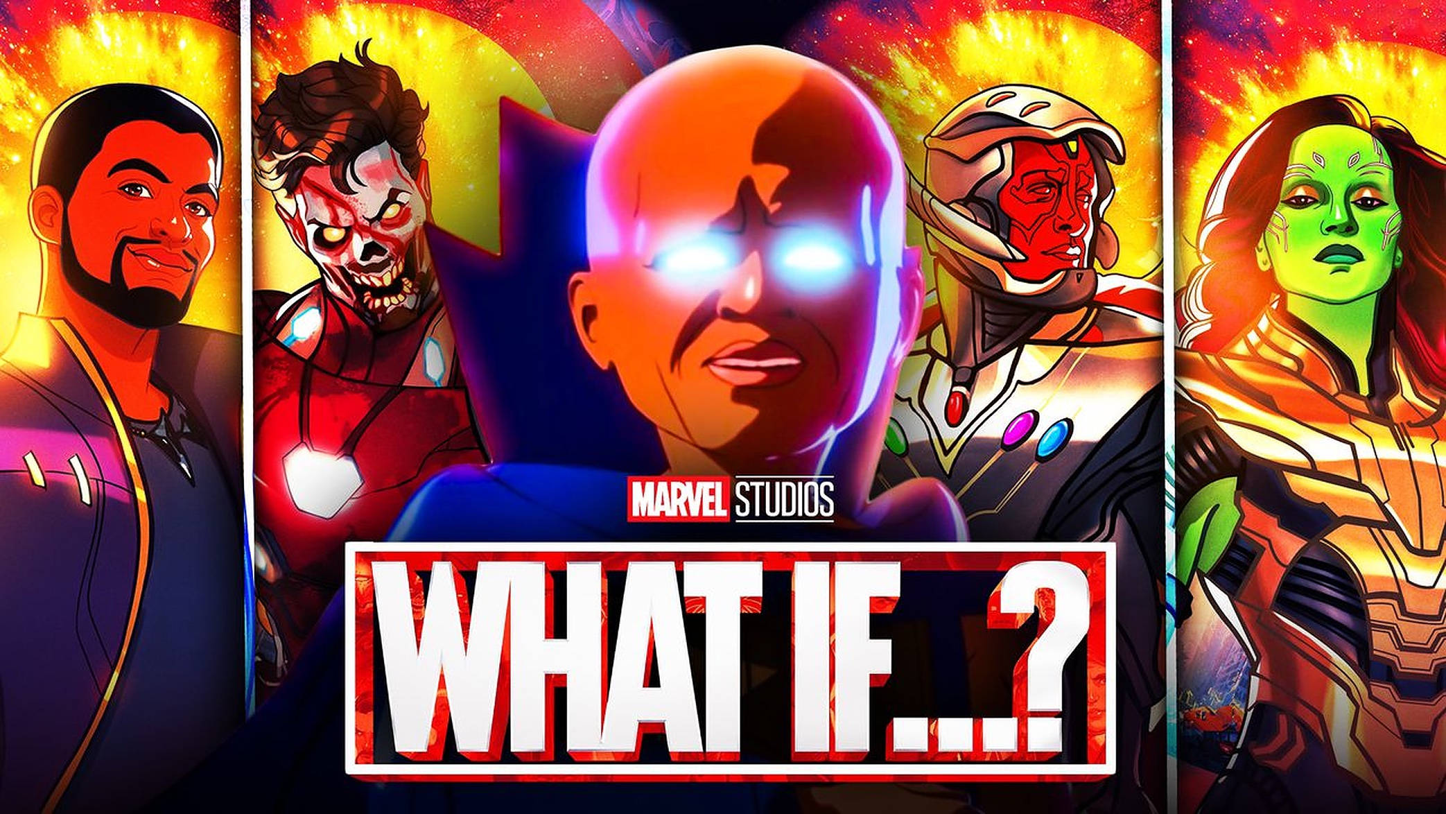 Marvel What If? 海報， featuring 五位來自平行宇宙的英雄，擺出動感姿勢。