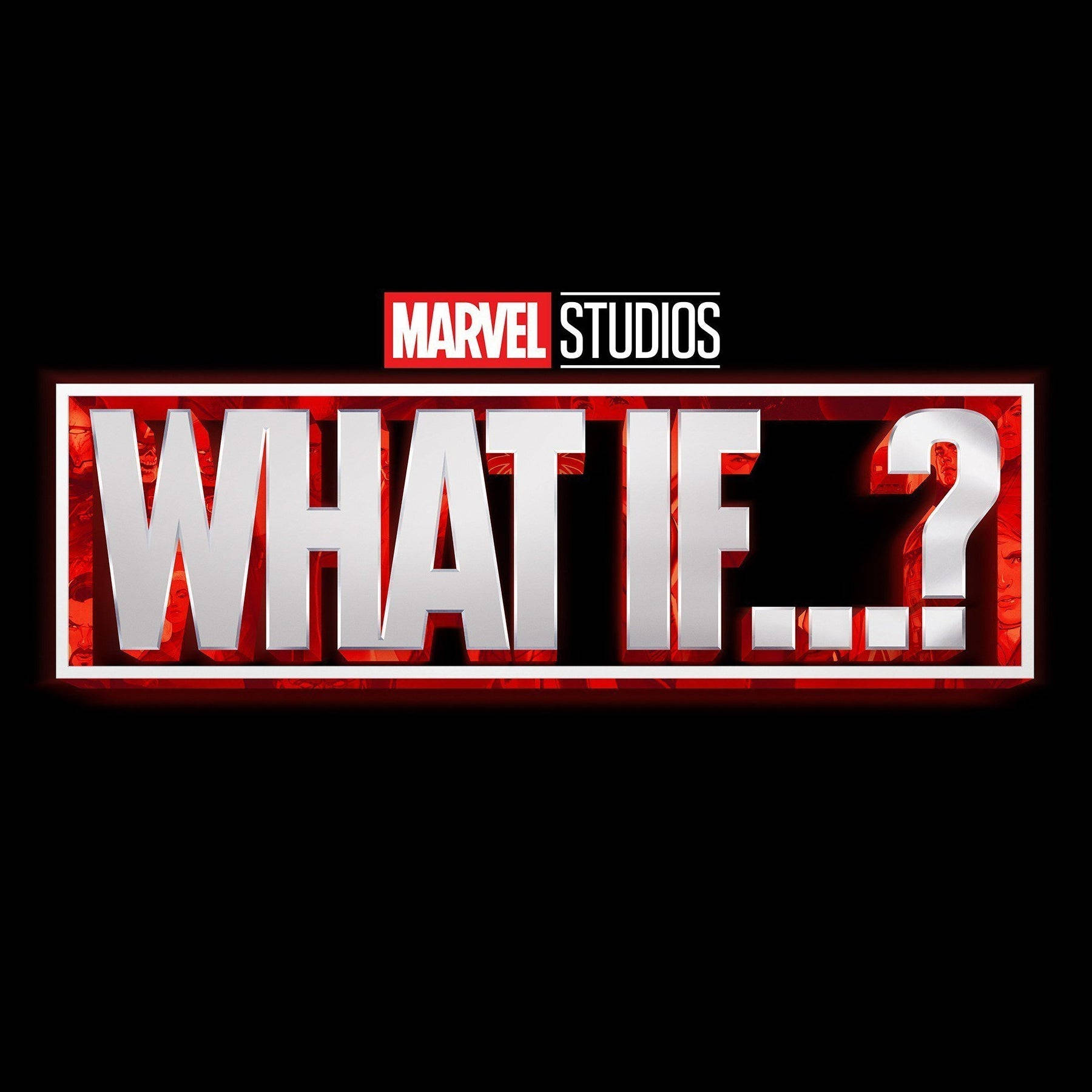 黑色背景上帶有紅色發光邊緣的Marvel Studios《What If...?》標題標誌。