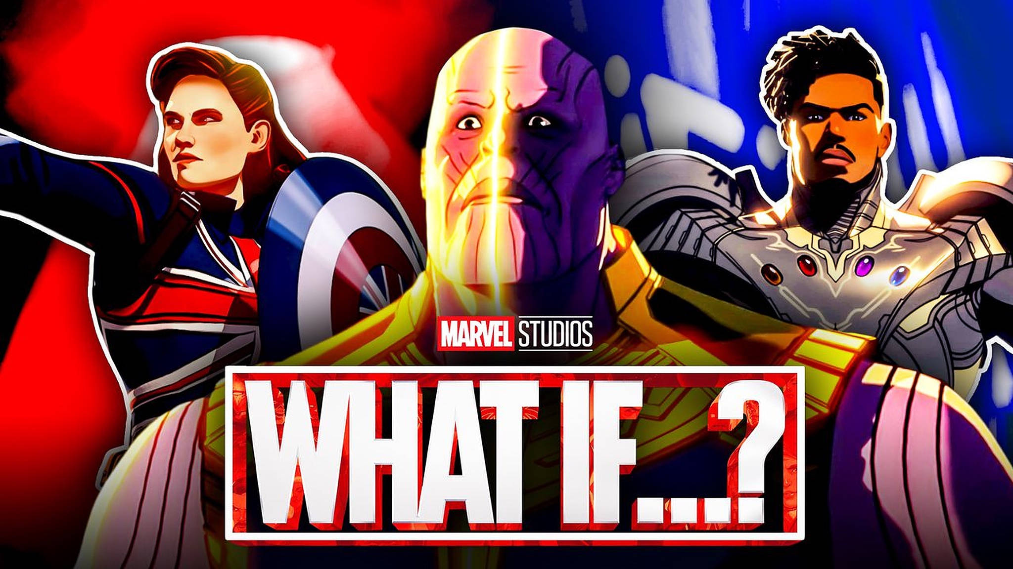 Marvel What If...? 標題卡， featuring 美國隊長、Thanos 和另一位英雄。