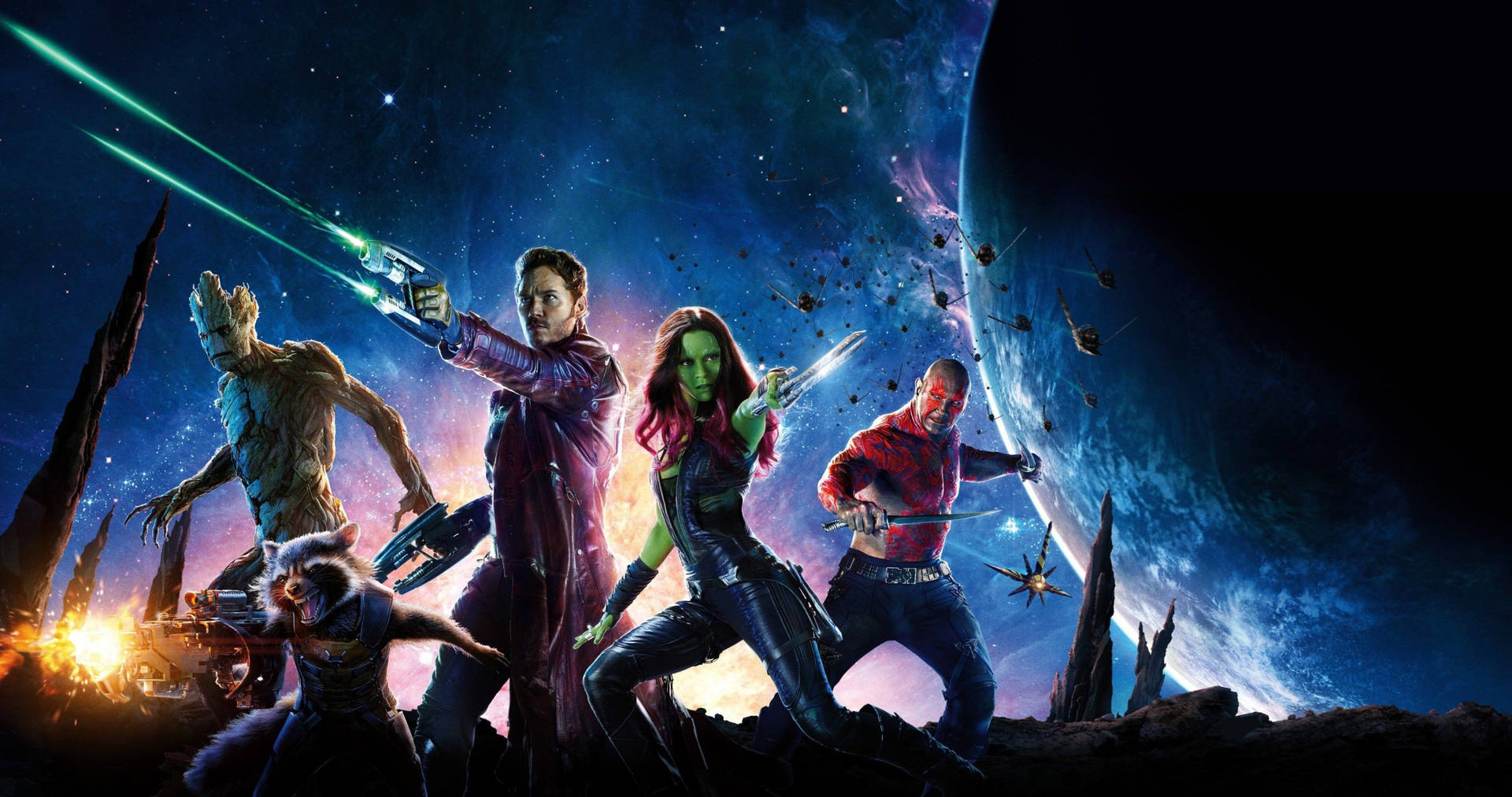 Guardians of the Galaxy 團隊在外星行星上英雄地擺出姿勢，武器已拔出。