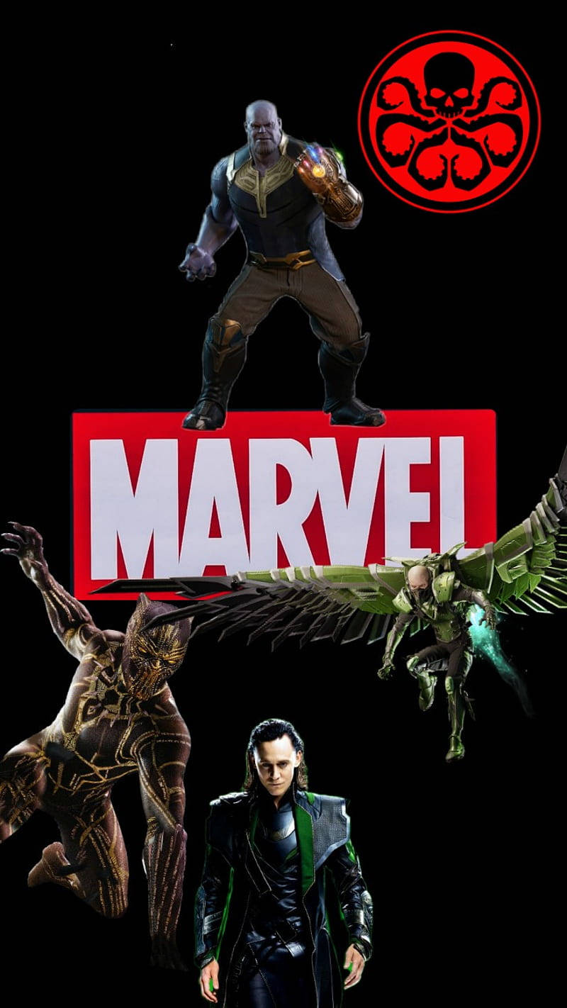 漫威MCU反派手機壁紙 壁紙 — 薩諾斯站在紅色Marvel標誌上，黑豹、洛基和一個有翼角色在黑色背景上動態擺姿勢。