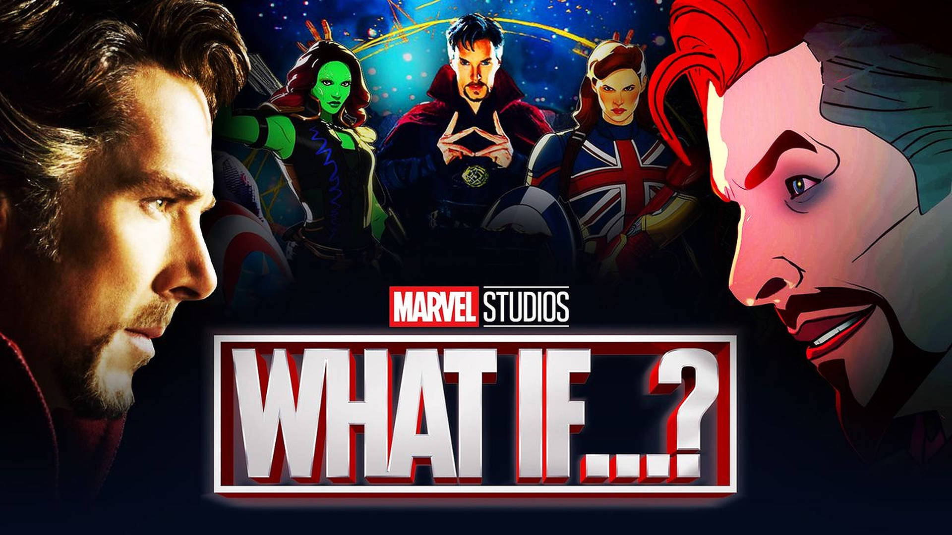 Marvel《What If...?》海報，展示奇異博士及來自平行宇宙的英雄。
