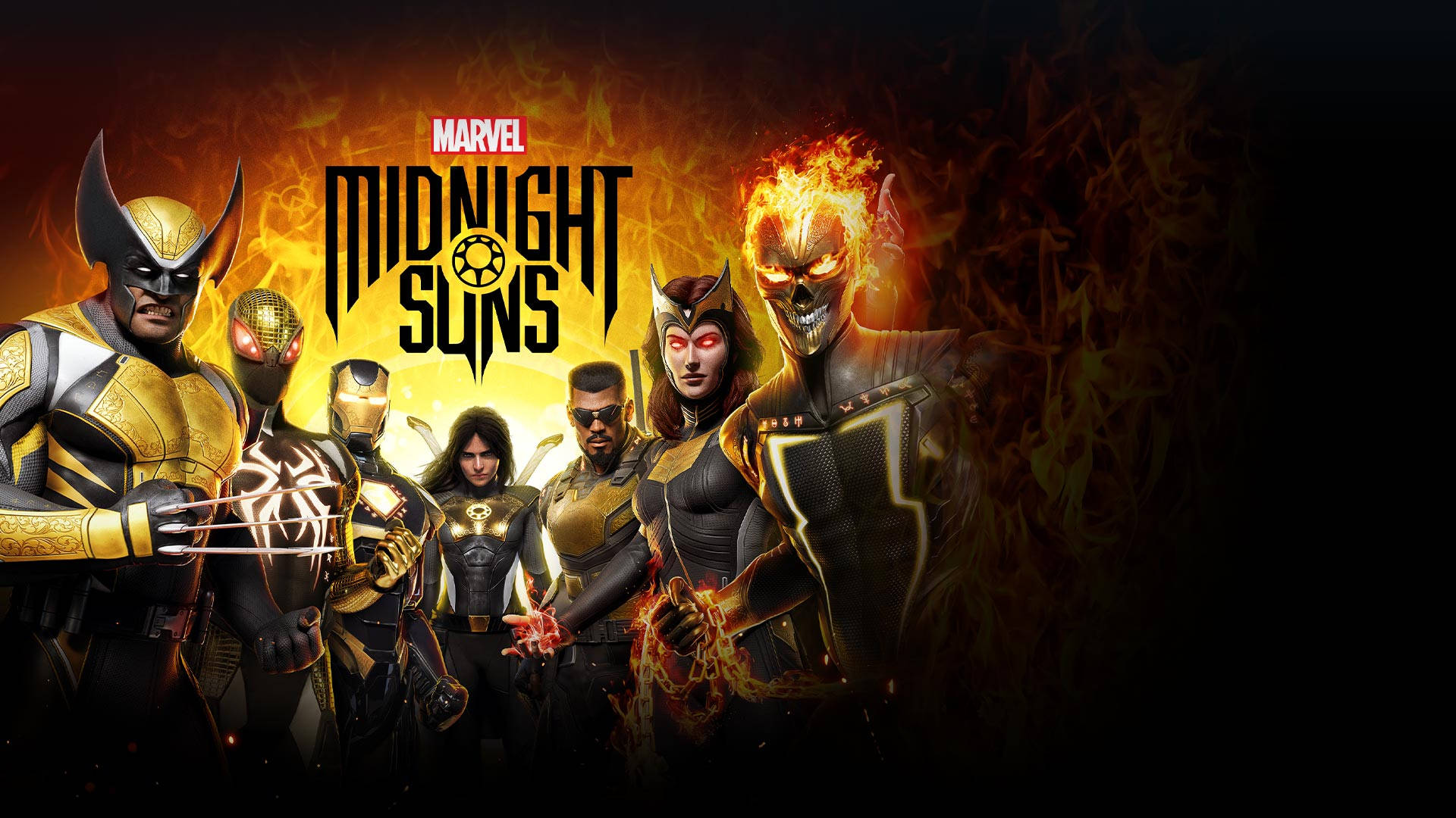 Marvel Midnight Suns 遊戲封面，英雄們穿著熾熱的金色盔甲。