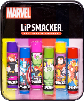 漫威主題唇膏套裝 壁紙 — 六款色彩繽紛的Marvel主題Lip Smacker潤唇膏，裝在透明塑膠包裝內，帶有醒目的漫畫角色設計。